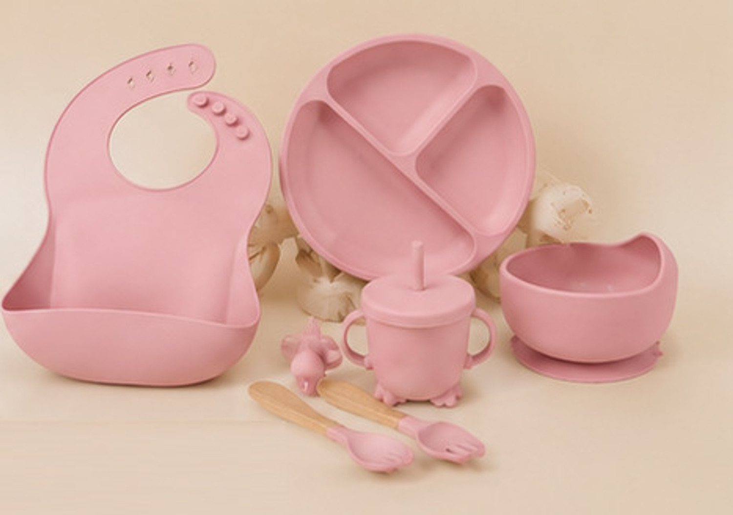 Image of TAVAHB 9 PCS Premium Silicone Baby Feeding Set - Pink - Silicone (Pink)
