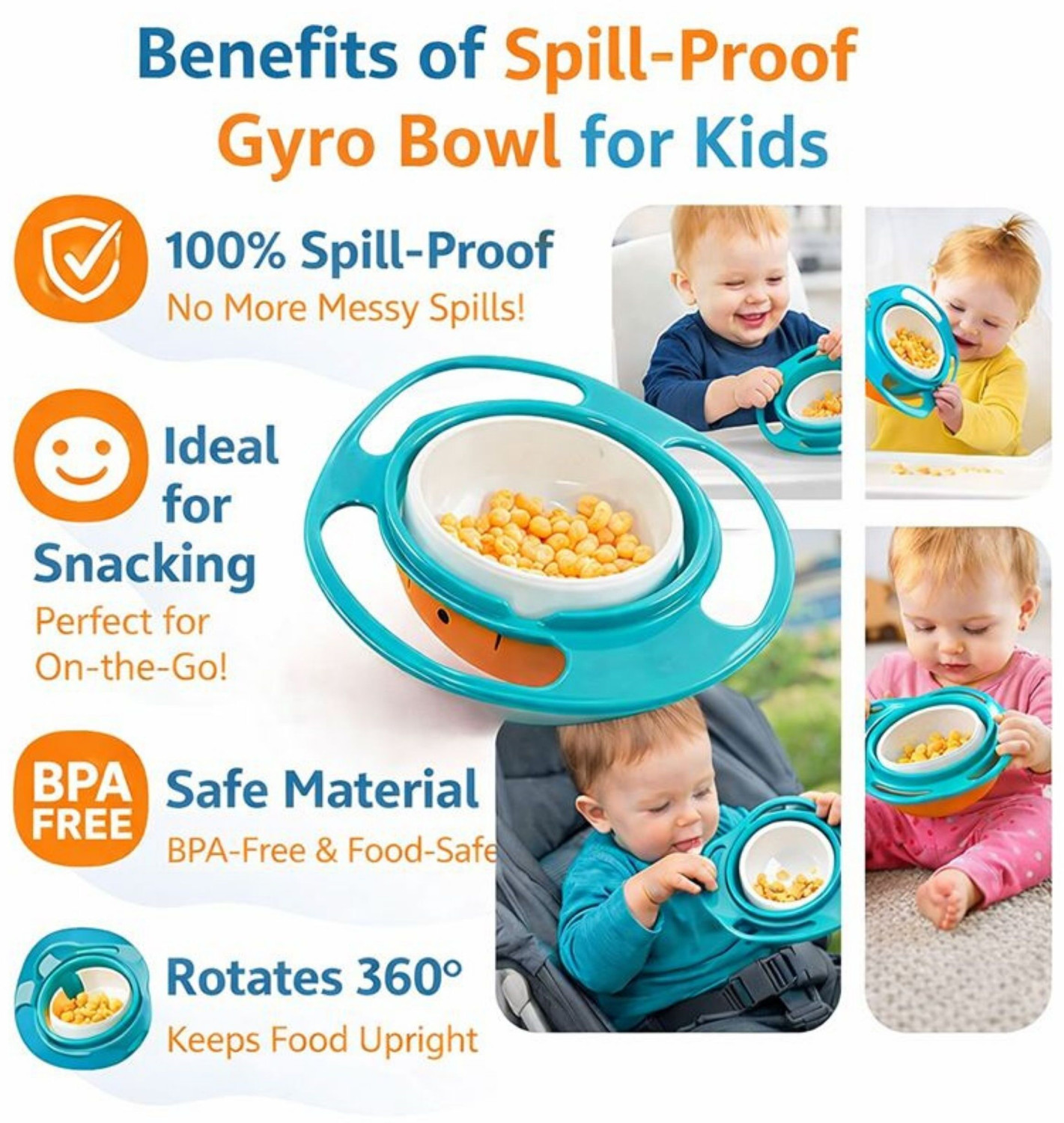 Image of See Inside 360 Rotating Gyro Feeding Bowl for Kids | No Spill Snack Bowl - Food Grade Plastic