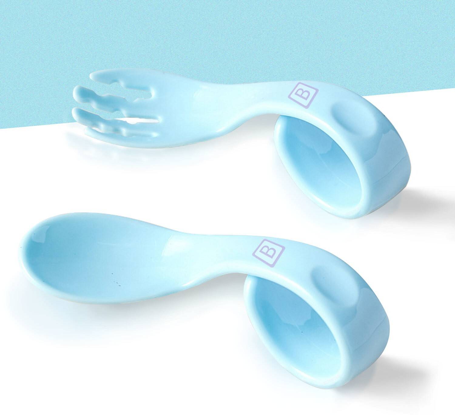 Bembika Baby Silicone Training Spoon Curved Spoon, Baby Spoon and Fork Set (Blue Color).  - Silicone