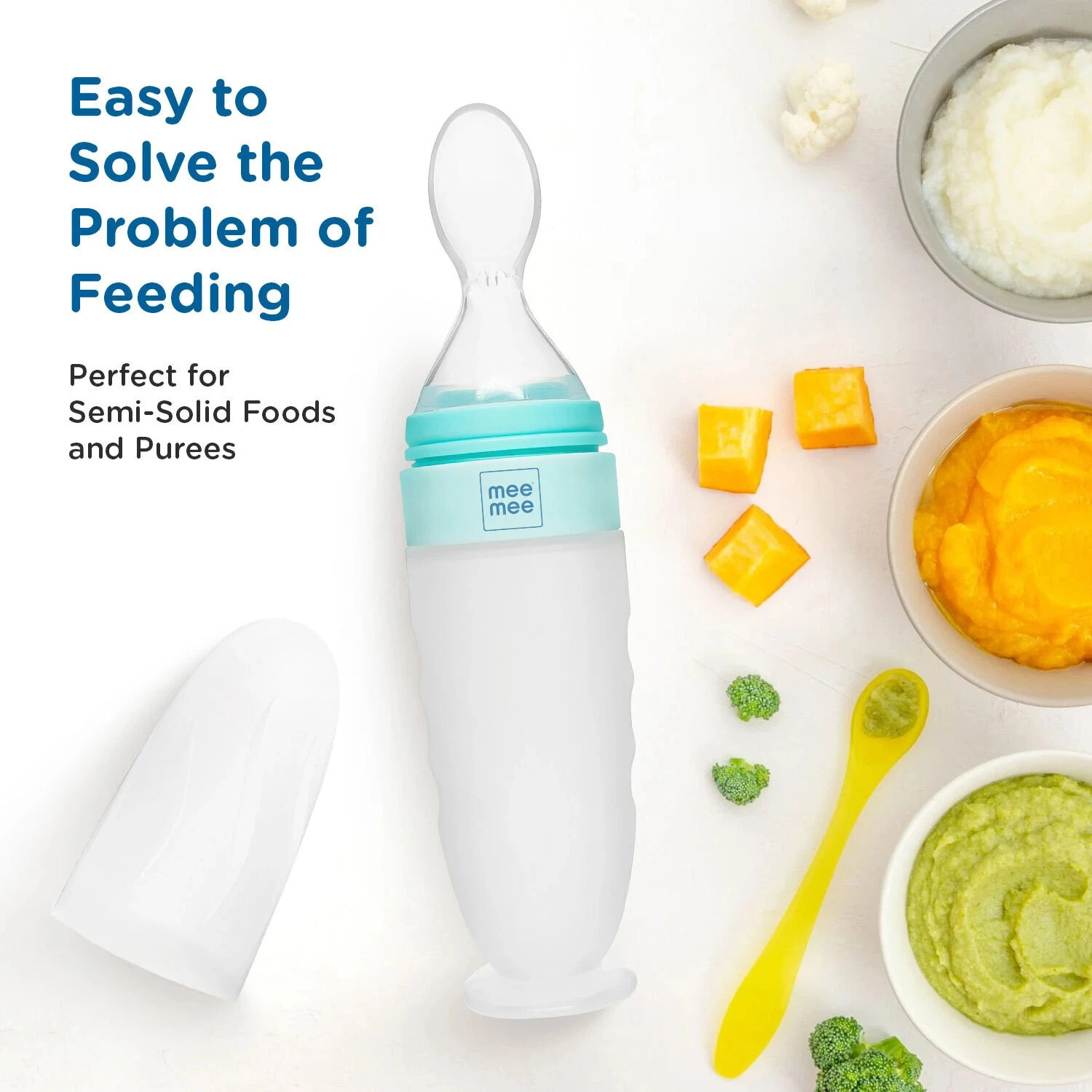 Image of MeeMee Baby Food Feeder Mini Meal Silicone Spoon Bottle for 6+ Month Baby, BPA Free - Silicone (Green)