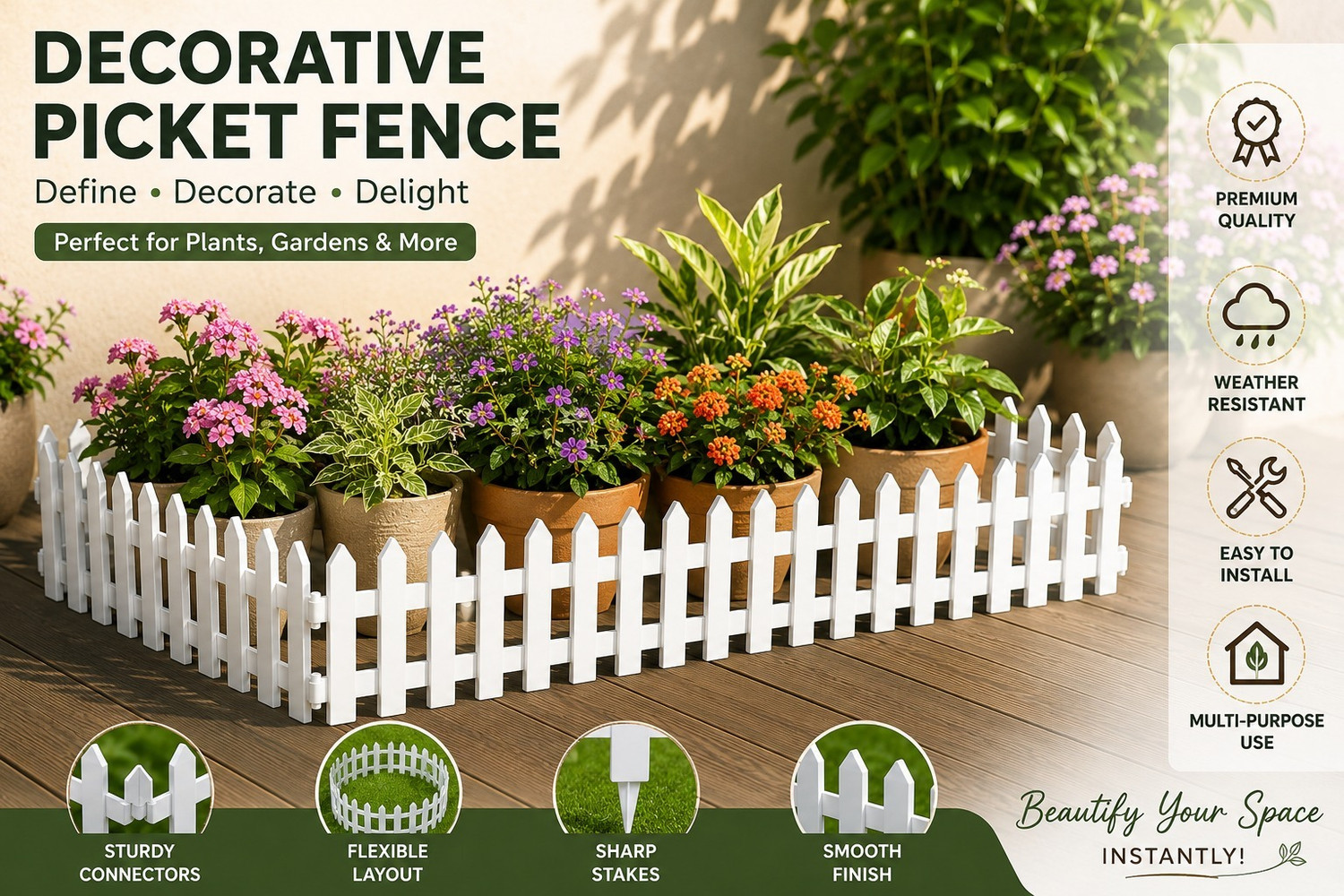 Image of Blooming Enterprises Attractive White Garden Fencing Railing 50 X 25cm Pack of 4 0.508 m Fence Picket (White)
