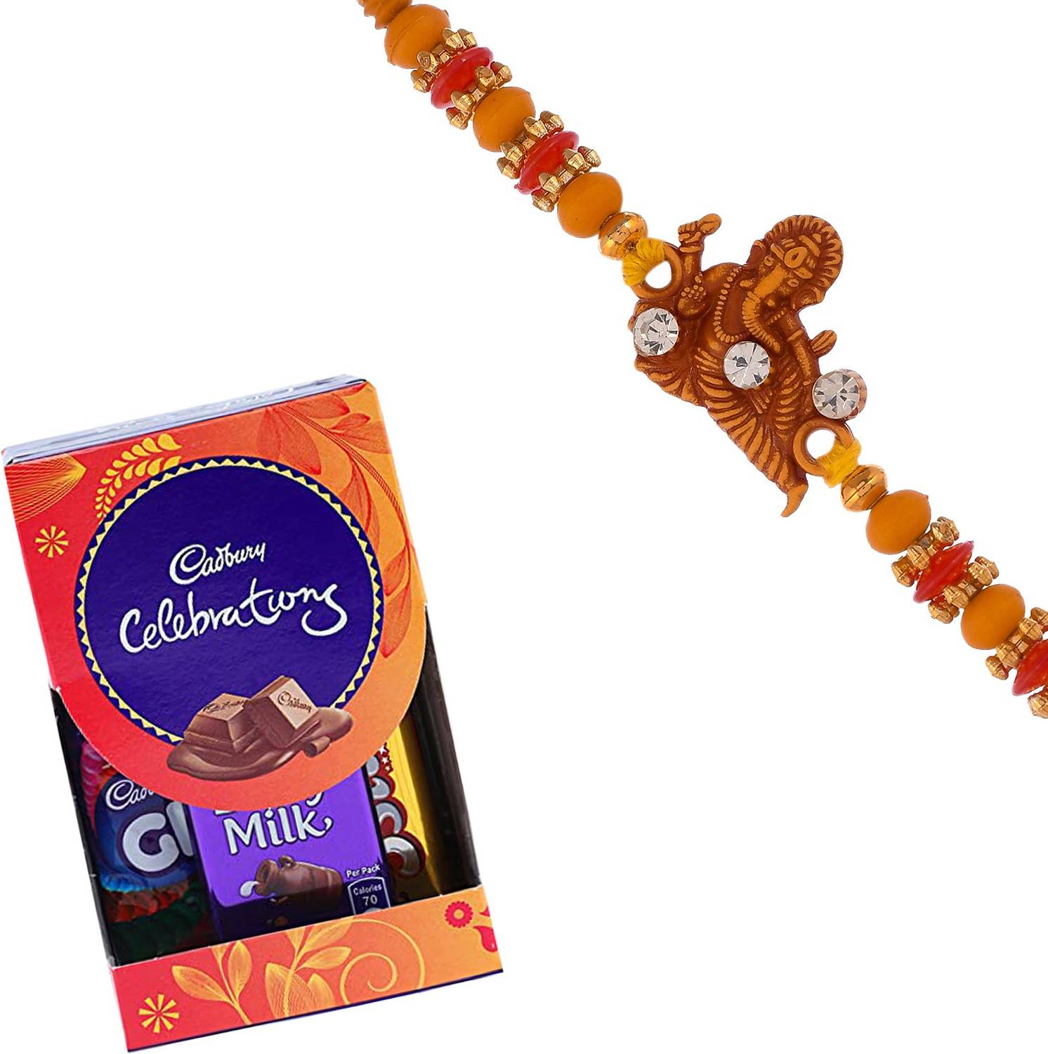 Ascension Ganesh ji Ganpati Design Kundan Rakhi for Brother & Small Cadbury Celebration Assorted Gift Box