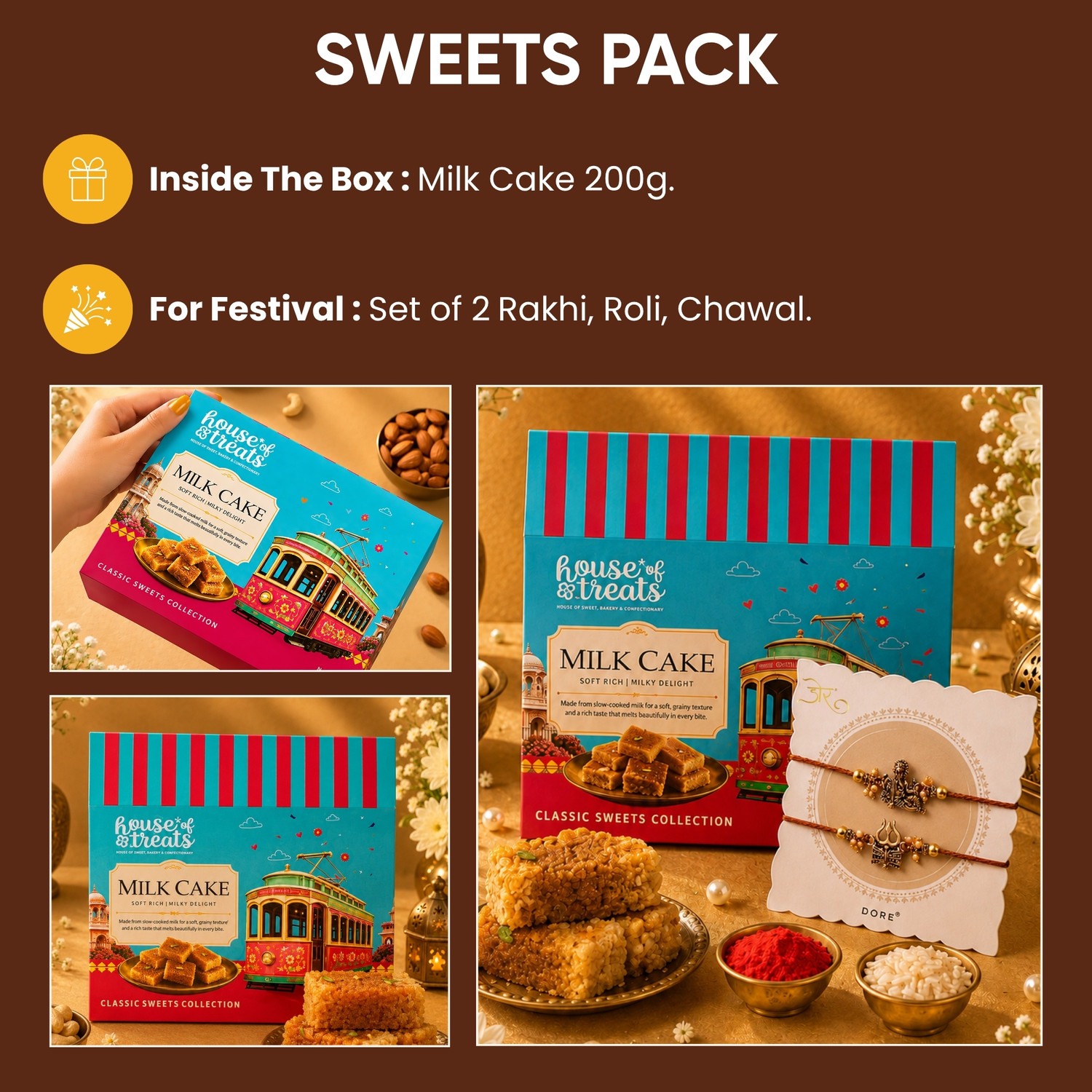 Image of HyperFoods Rakhi with Sweets Gift for Brother Set of 2 Rakhi with Milk Cake 200g Paper Gift Box