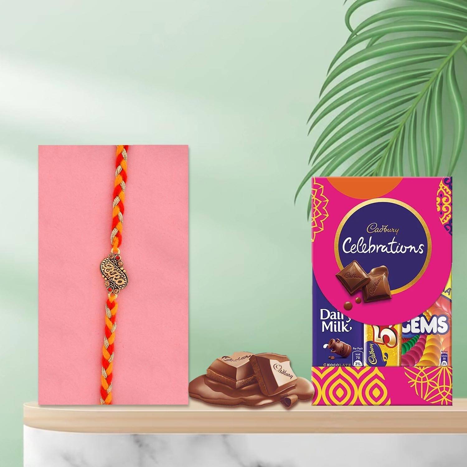 Ascension Beautiful Bro Designer Kundan Rakhi for Brother & Small Cadbury Celebration Assorted Gift Box