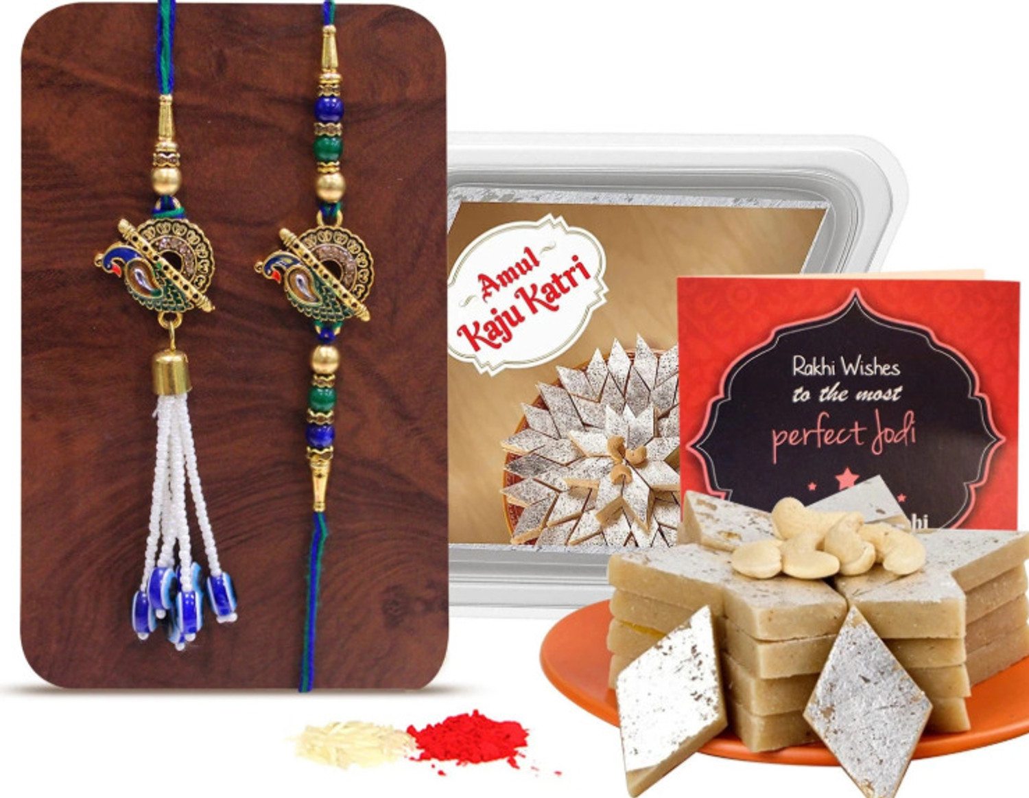 Image of TIED RIBBONS Rakhi Gift for Bhaiya and Bhabhi with Sweets - Lumba Rakhi with Amul Kaju Katli Assorted Gift Box