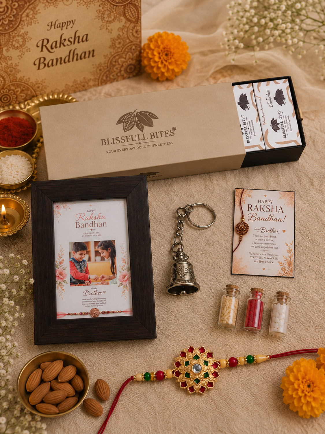 Image of BLISSFULL BITES Customized Raksha Bandhan Gift Box with Chocolates & Photo Frame Assorted Gift Box