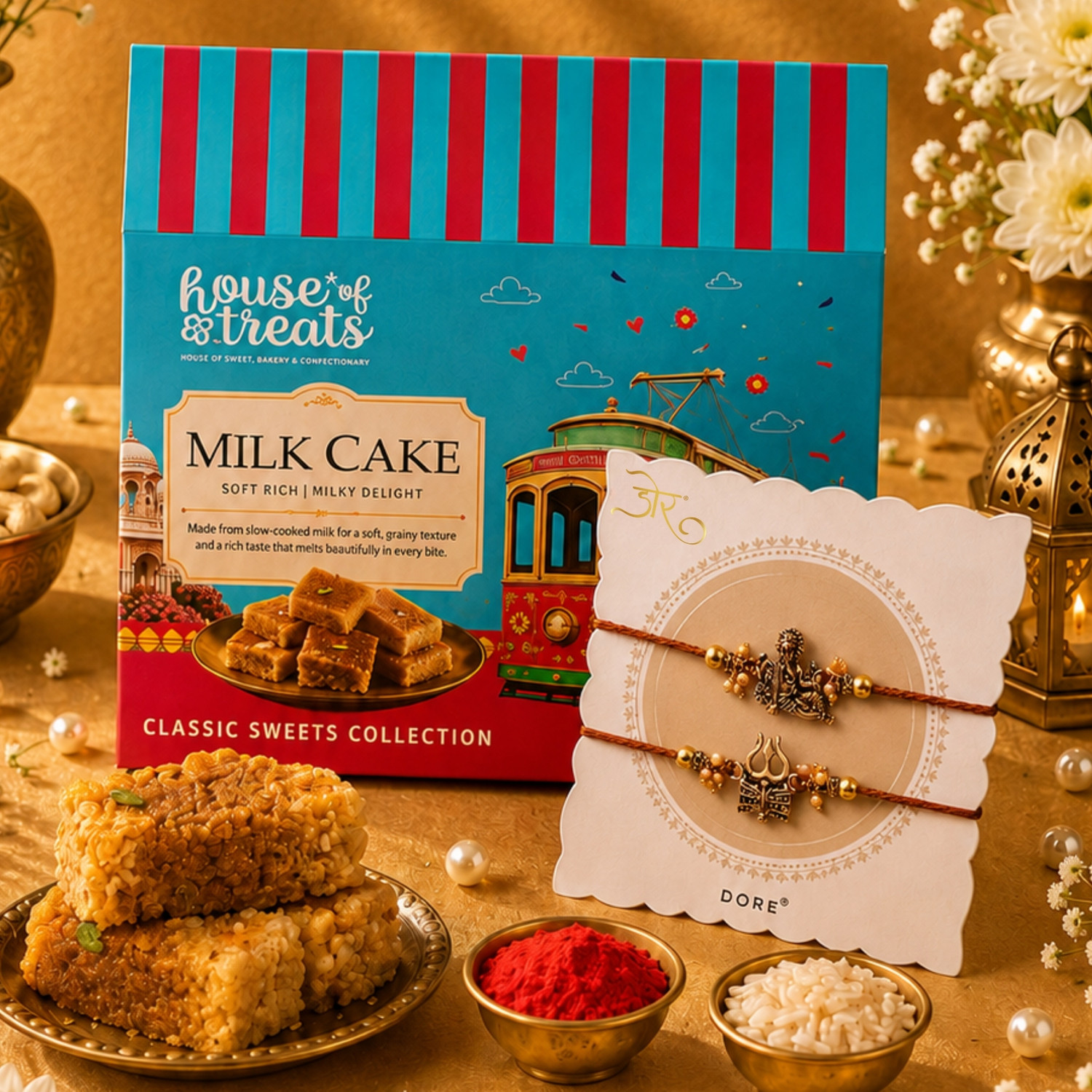 Image of HyperFoods Rakhi with Sweets Gift for Brother Set of 2 Rakhi with Milk Cake 200g Paper Gift Box