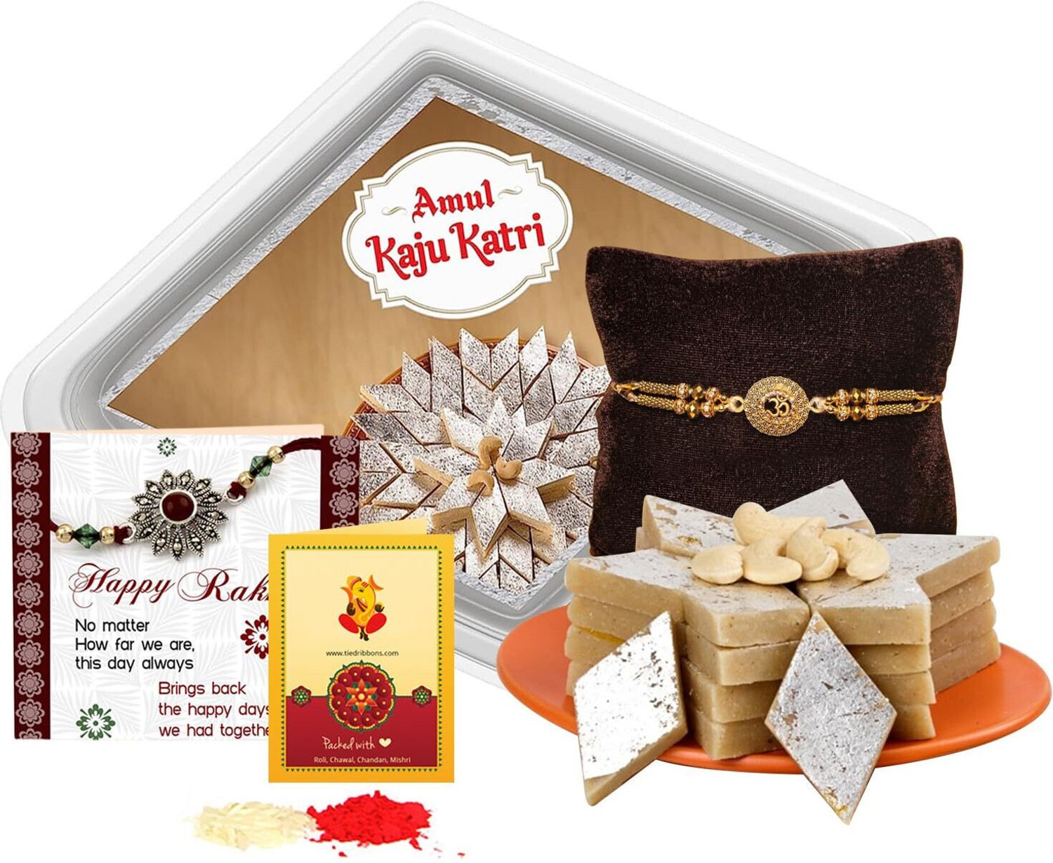 Image of TIED RIBBONS Rakhi for Brother with Sweets - 1 Ganesh Rakhi with Amul Kaju Katli Gift Hamper Assorted Gift Box