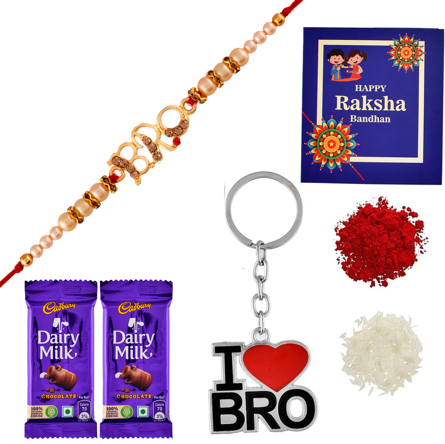 Image of PRIDE STORE Dairy Milk Chocolate With Mug, Rakhi, Keychain Roli Chawal Greeting Card Ceramic Gift Box