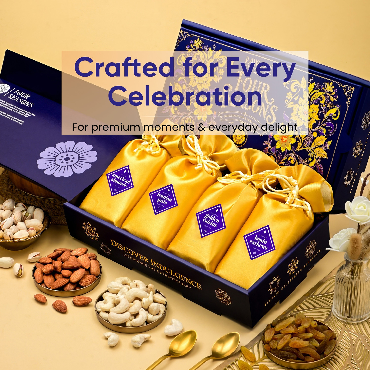 Image of HyperFoods Pack of 4 Dry Fruits Gift Hamper with Bhaiya Bhabhi Rakhi Set Pottery Gift Box