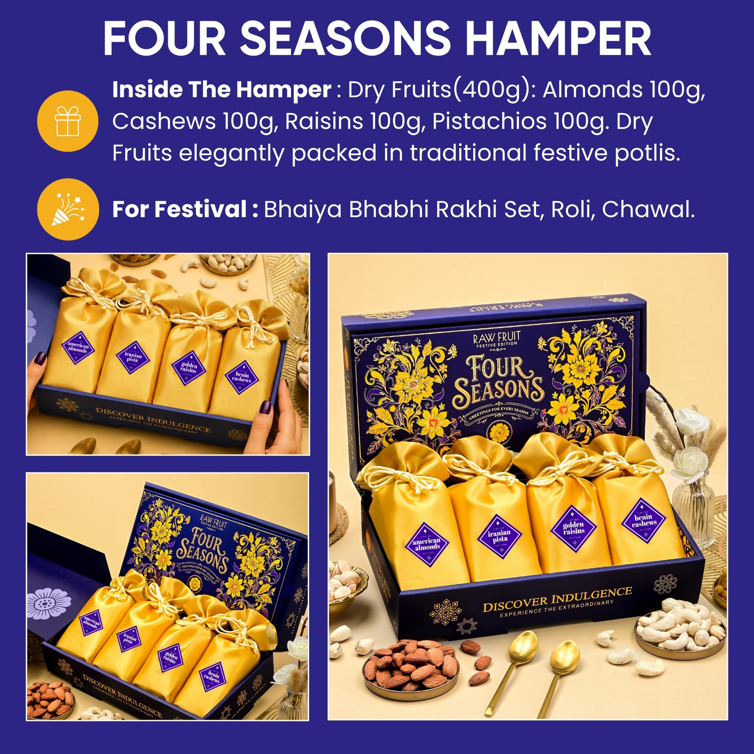 Image of HyperFoods Pack of 4 Dry Fruits Gift Hamper with Bhaiya Bhabhi Rakhi Set Pottery Gift Box