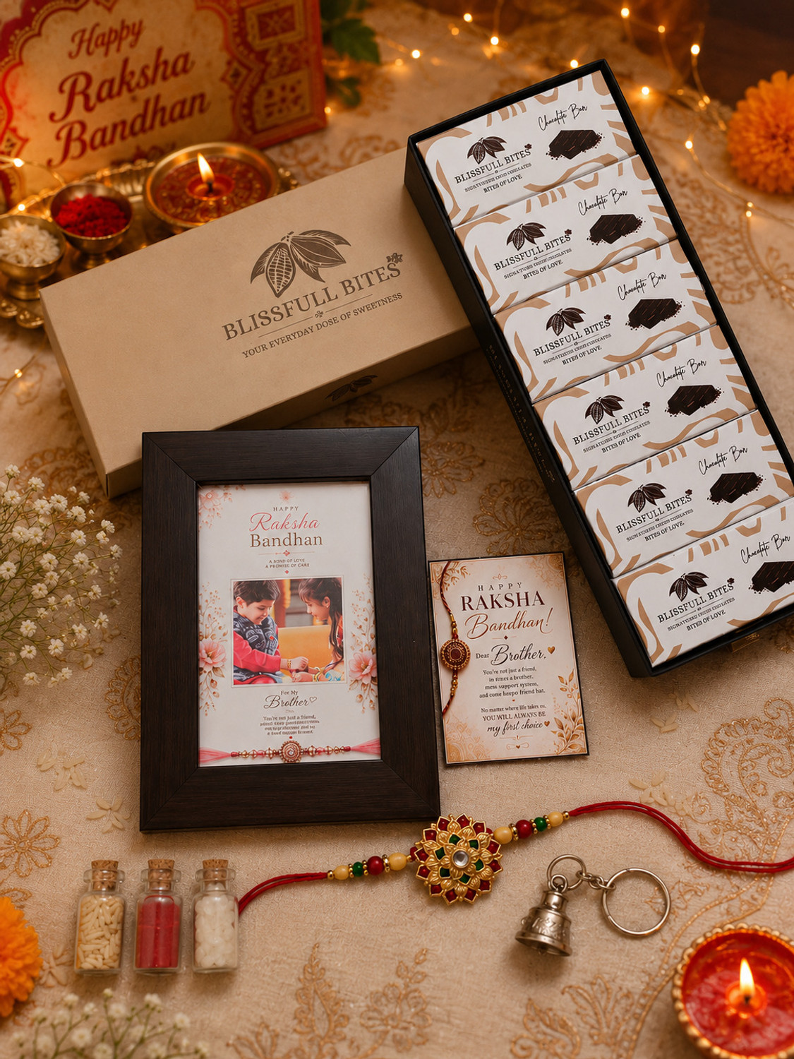 Image of BLISSFULL BITES Customized Raksha Bandhan Gift Box with Chocolates & Photo Frame Assorted Gift Box