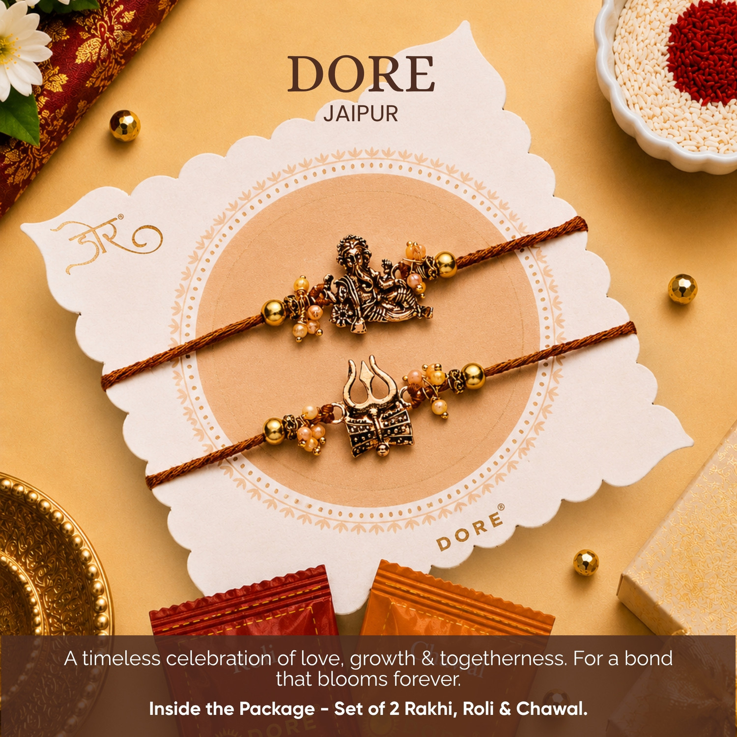 Image of HyperFoods Rakhi with Sweets Gift for Brother Set of 2 Rakhi with Milk Cake 200g Paper Gift Box