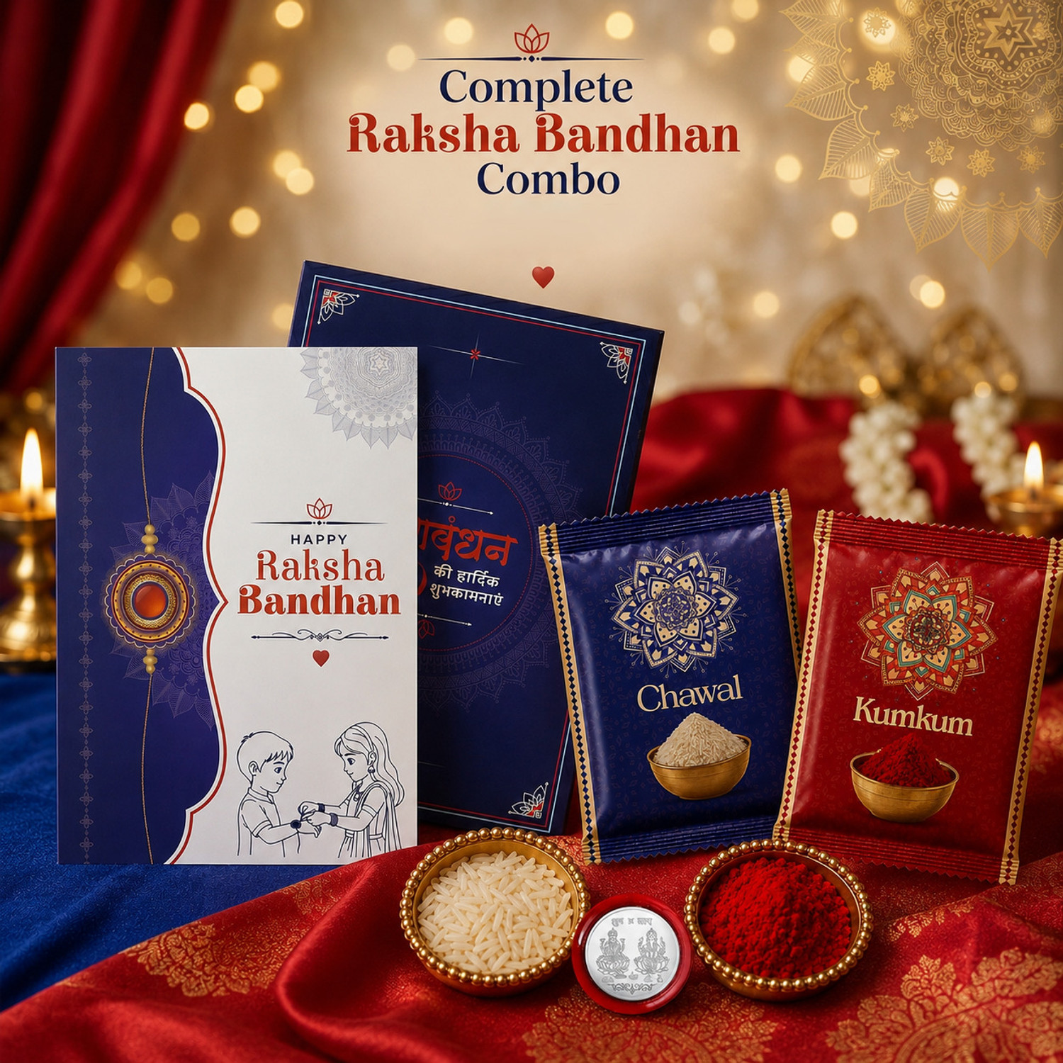 Image of Religious Rakhi Combo Gift Set for Brother |Almnond 32 Gm|Chocolate|Y22K2 35+604 CA32 Assorted Rakhi, Greeting Card, Coins, Chawal Roli Pack Set by DeoDap