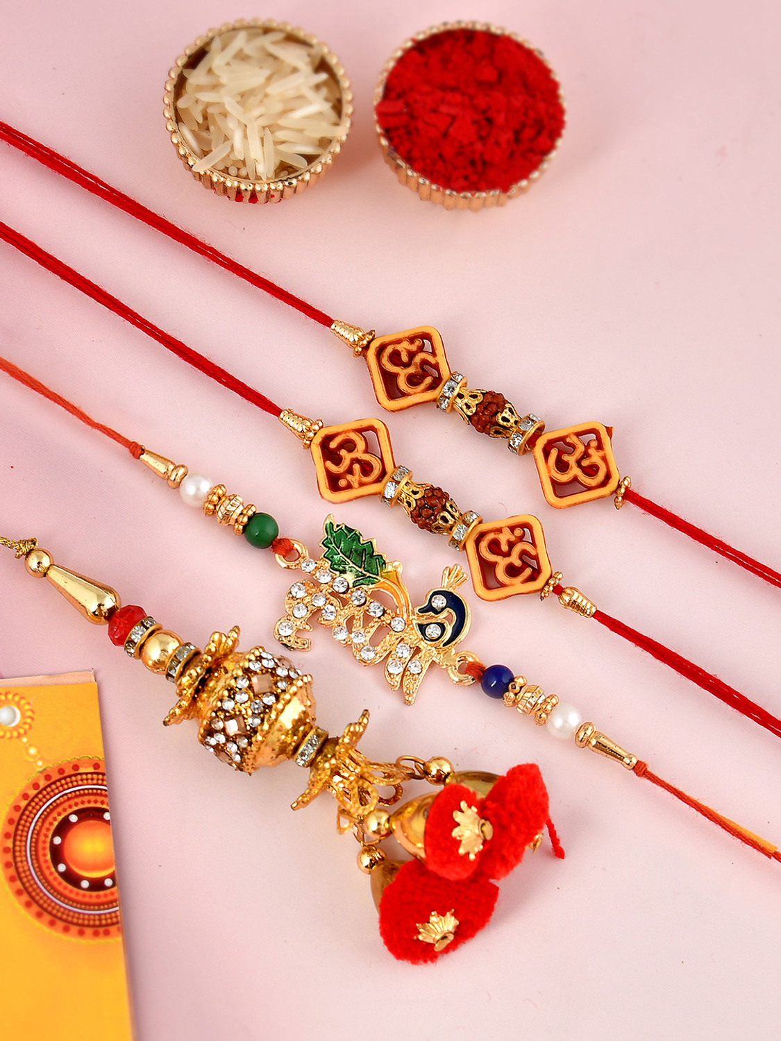 Image of Bhaiya Bhabhi KBS136-Combo Mauli Thread, Assorted, Pearl Lumba, Showpiece, Chawal Roli Pack, Rakhi, Greeting Card Set by Collectible India