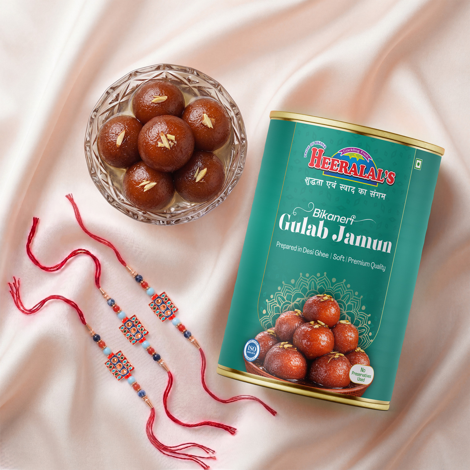 Image of Heeralal's Gift Pack 3 Rakhi + 1kg Bikaneri Gulab Jamun Traditional Indian Mithai Gift Silk Gift Box