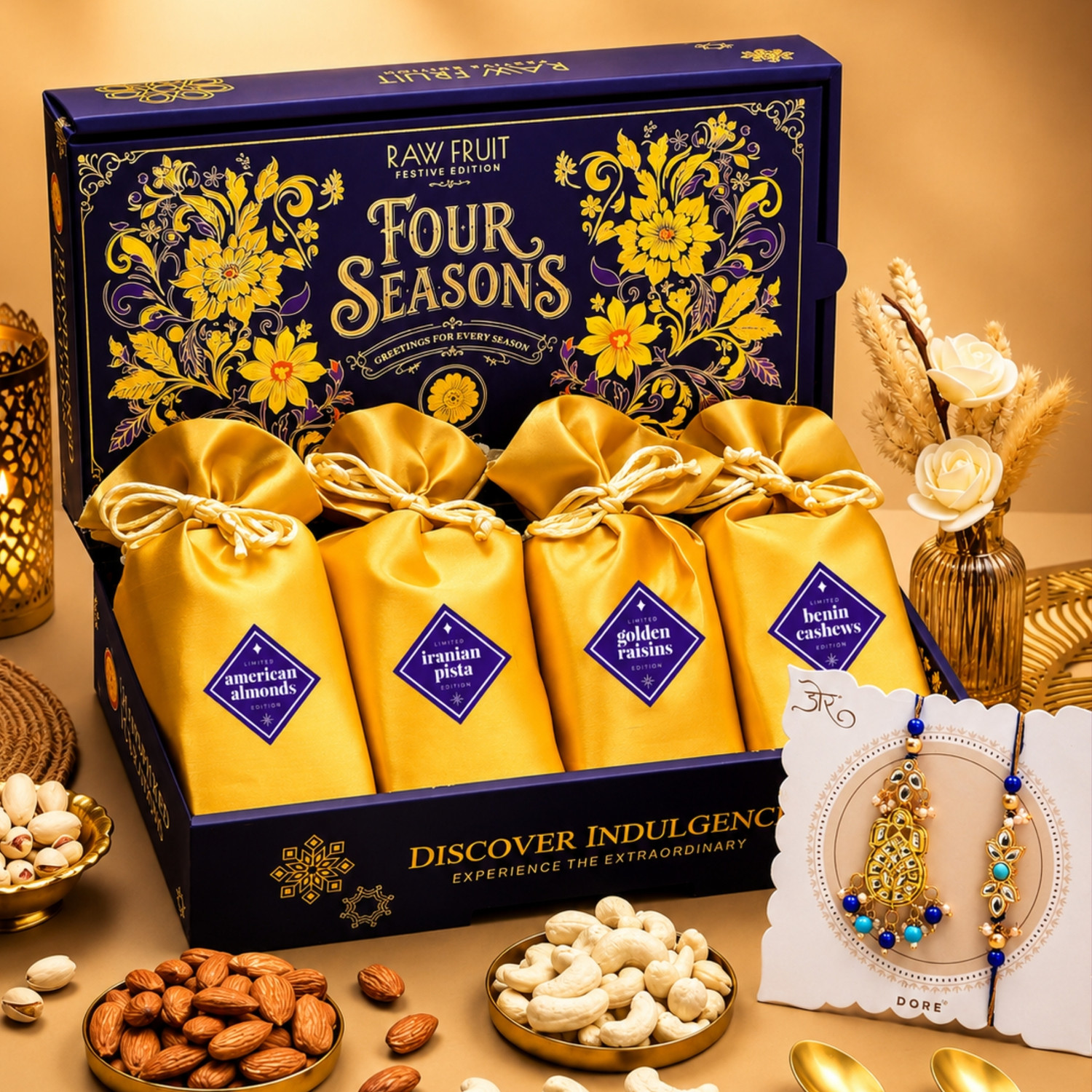 Image of HyperFoods Pack of 4 Dry Fruits Gift Hamper with Bhaiya Bhabhi Rakhi Set Pottery Gift Box