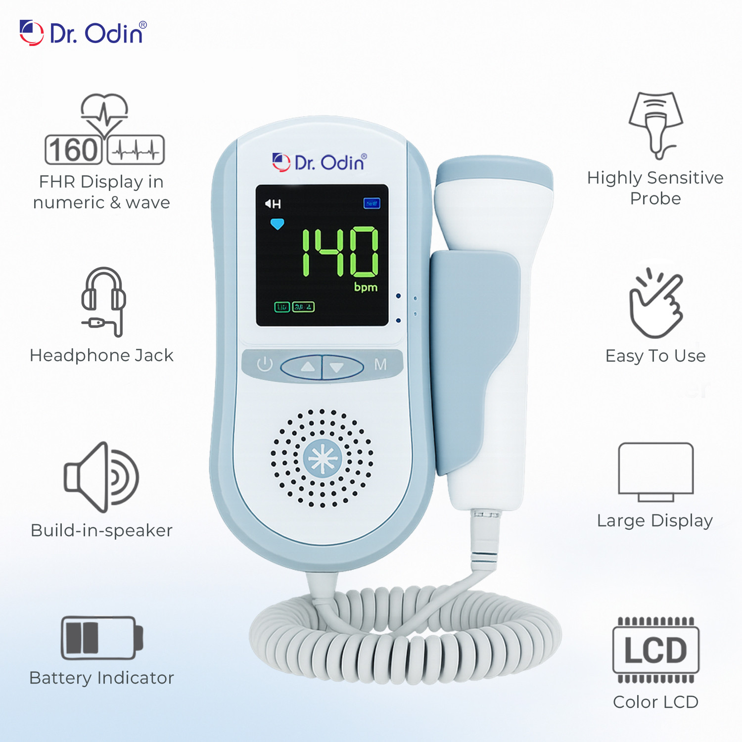 Image of Dr. Odin OFD103 Professional Portable Baby Heart beat Sound Monitor White, Blue Fetal Doppler