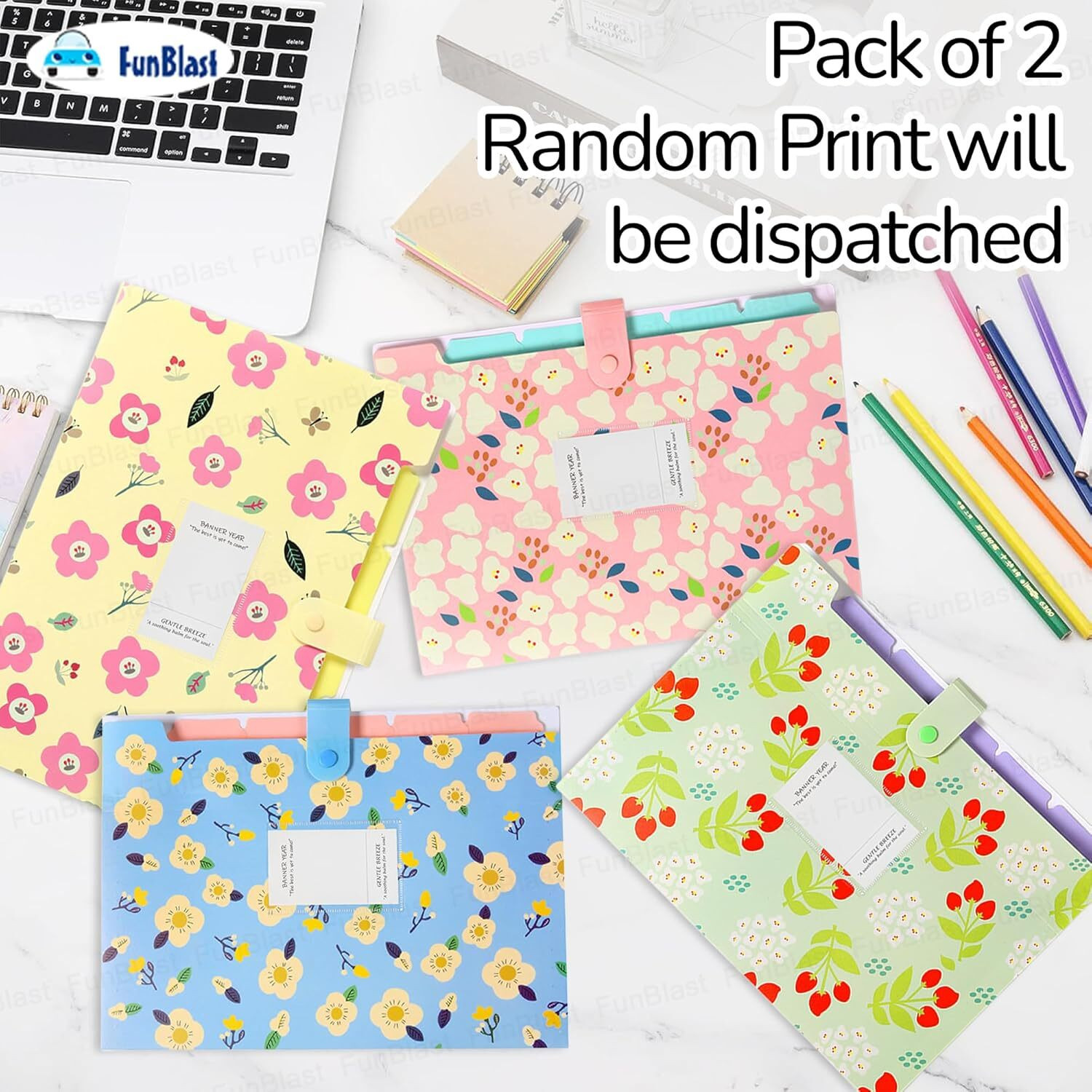 Image of FunBlast Plastic File Folder with Button Lock - Floral Print A4 Size Certificate Holder with 6 Pockets,Expandable Document Organizer