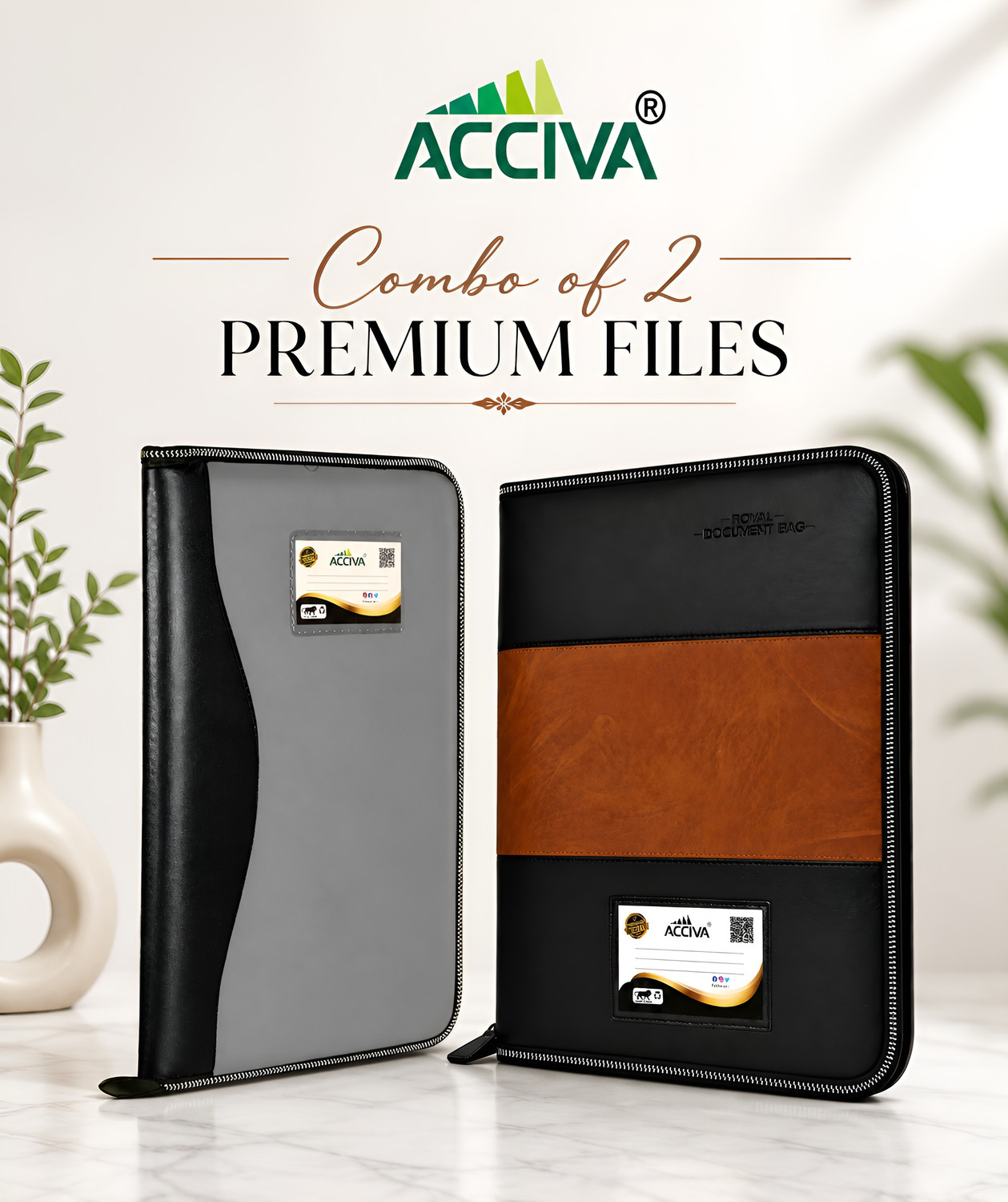 Image of ACCIVA Faux Leatherette Combo of 2 Professional Documents File and Document File Bag waterproof with 20 Leaves | Executive Portfolio File Folder and Interview File (Set Of 2, Grey, Tan)