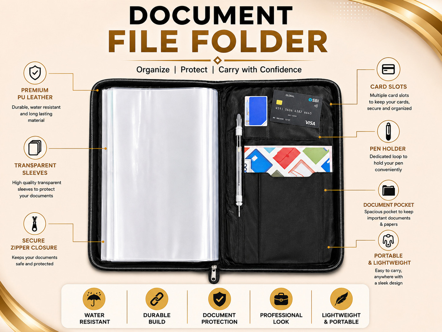 Image of filenest Faux Leather Document File Folder / Zipper File Organizer / Document File Bag