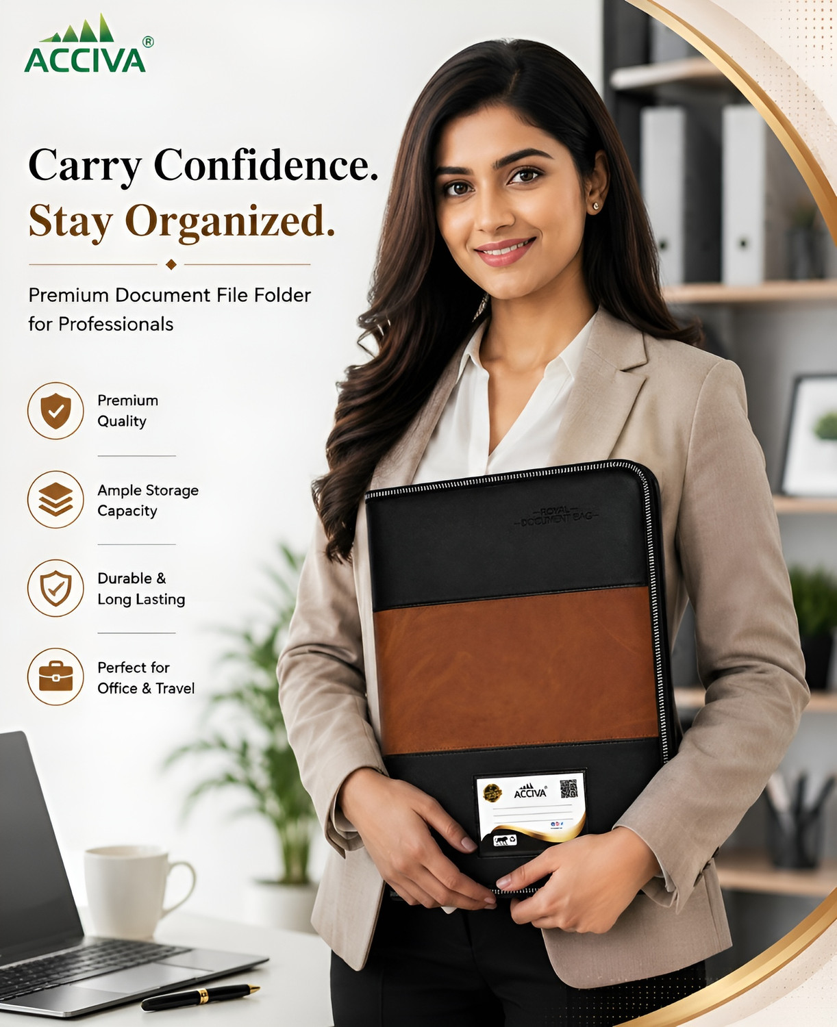 Image of ACCIVA Faux Leatherette Combo of 2 Professional Documents File and Document File Bag waterproof with 20 Leaves | Executive Portfolio File Folder and Interview File (Set Of 2, Grey, Tan)