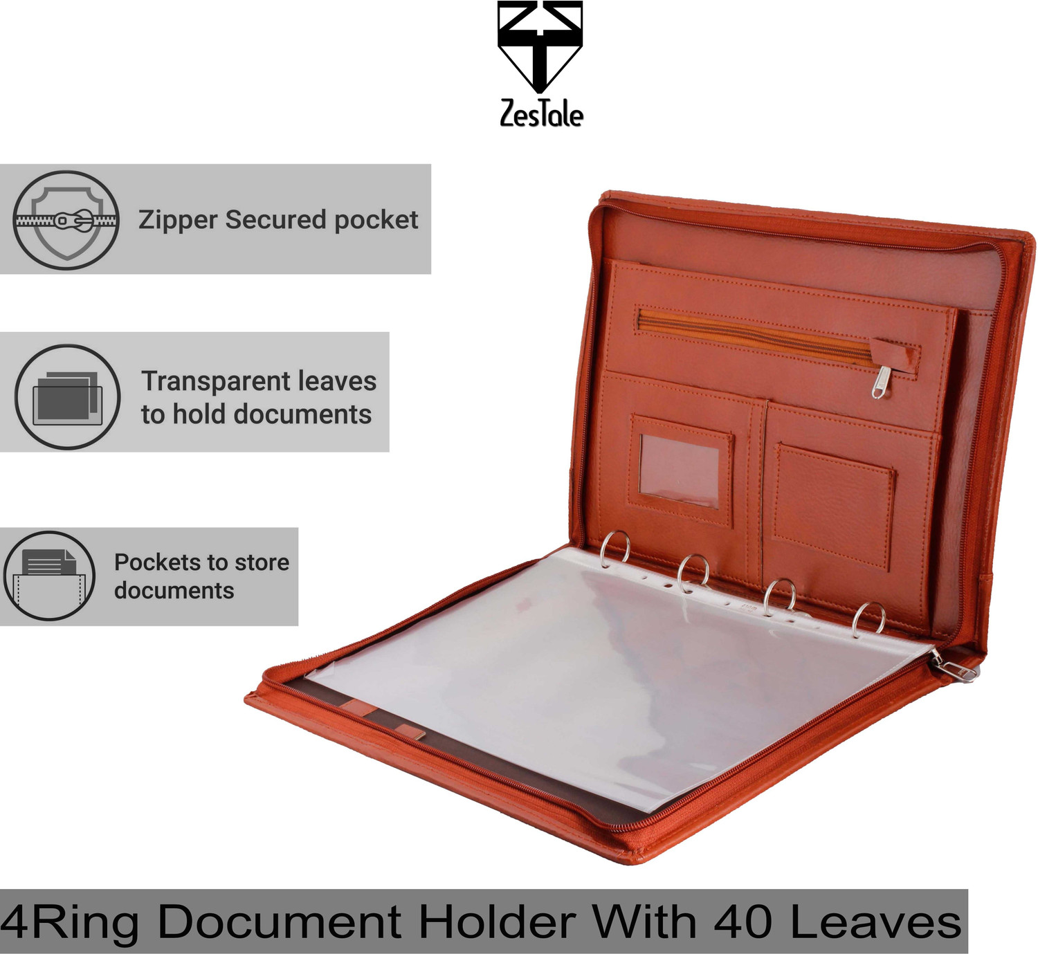 Image of ZesTale Professional leatherette 4 Ring Document File Folder / Certificate Folder /Document Holder(With 40 Leaves)