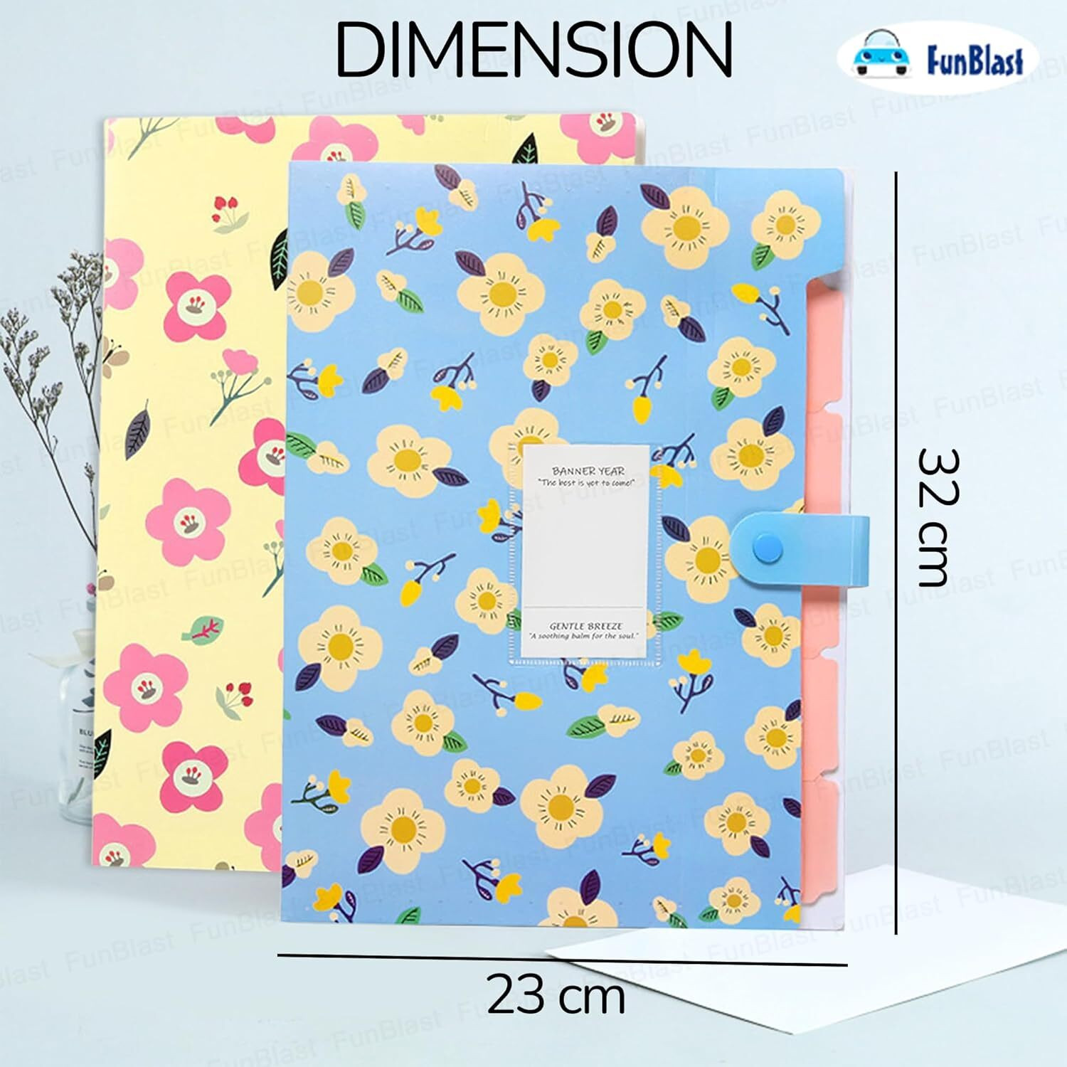 Image of FunBlast Plastic File Folder with Button Lock - Floral Print A4 Size Certificate Holder with 6 Pockets,Expandable Document Organizer