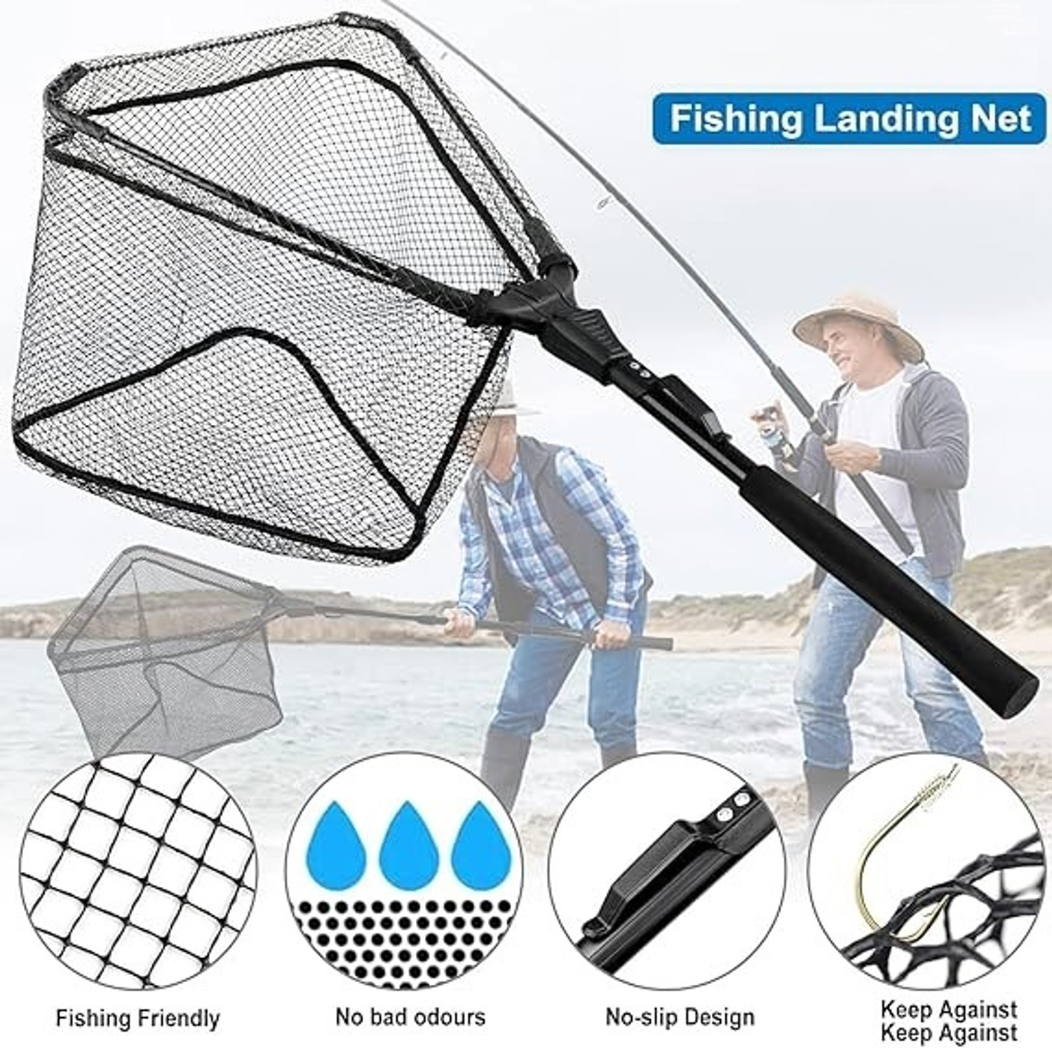 Image of PIRENE Fishing Net Fish Landing Net, Durable Nylon Material Mesh, Fish net Black Fishing Rod