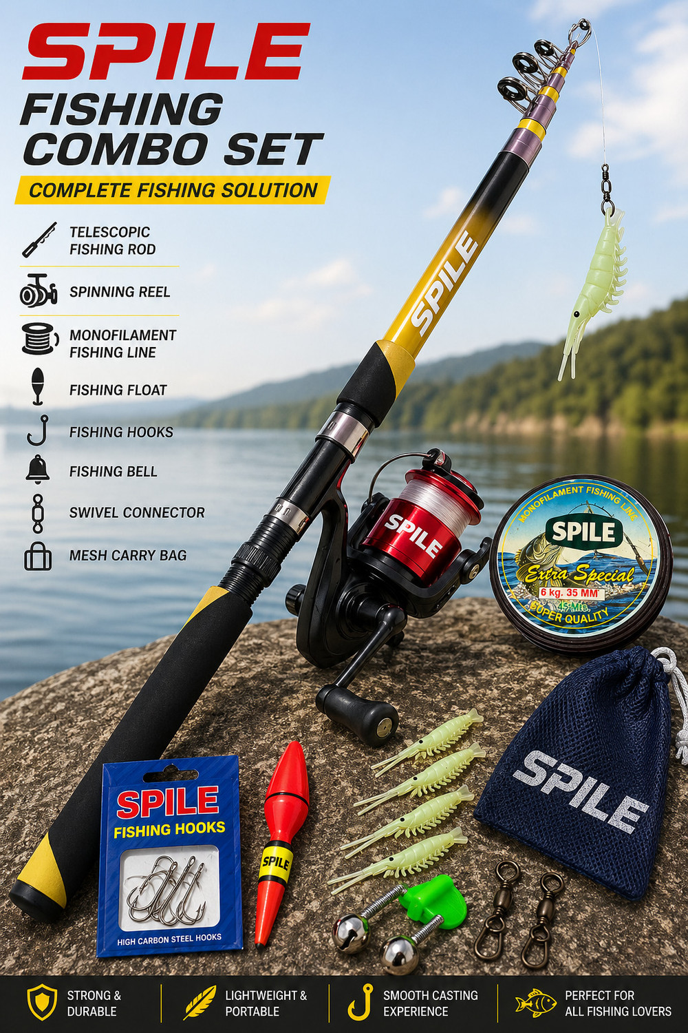 Image of SPILE Fishing Combo Set - Telescopic Fishing Rod with Spinning Reel, Hooks, Line, Floats & Accessories | Complete Portable Fishing Kit for Beginners & Pros Yellow Fishing Rod (210 cm, 0.2 kg, Yellow)