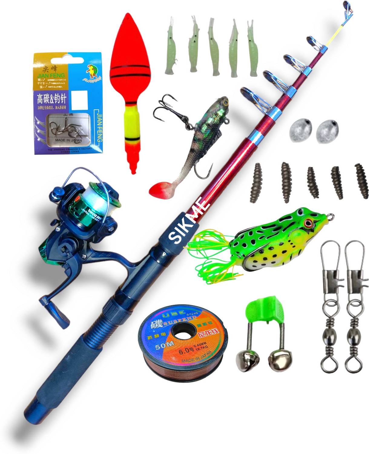 Old 7ft Red Fishing Rod and Reel Combo - Image 1