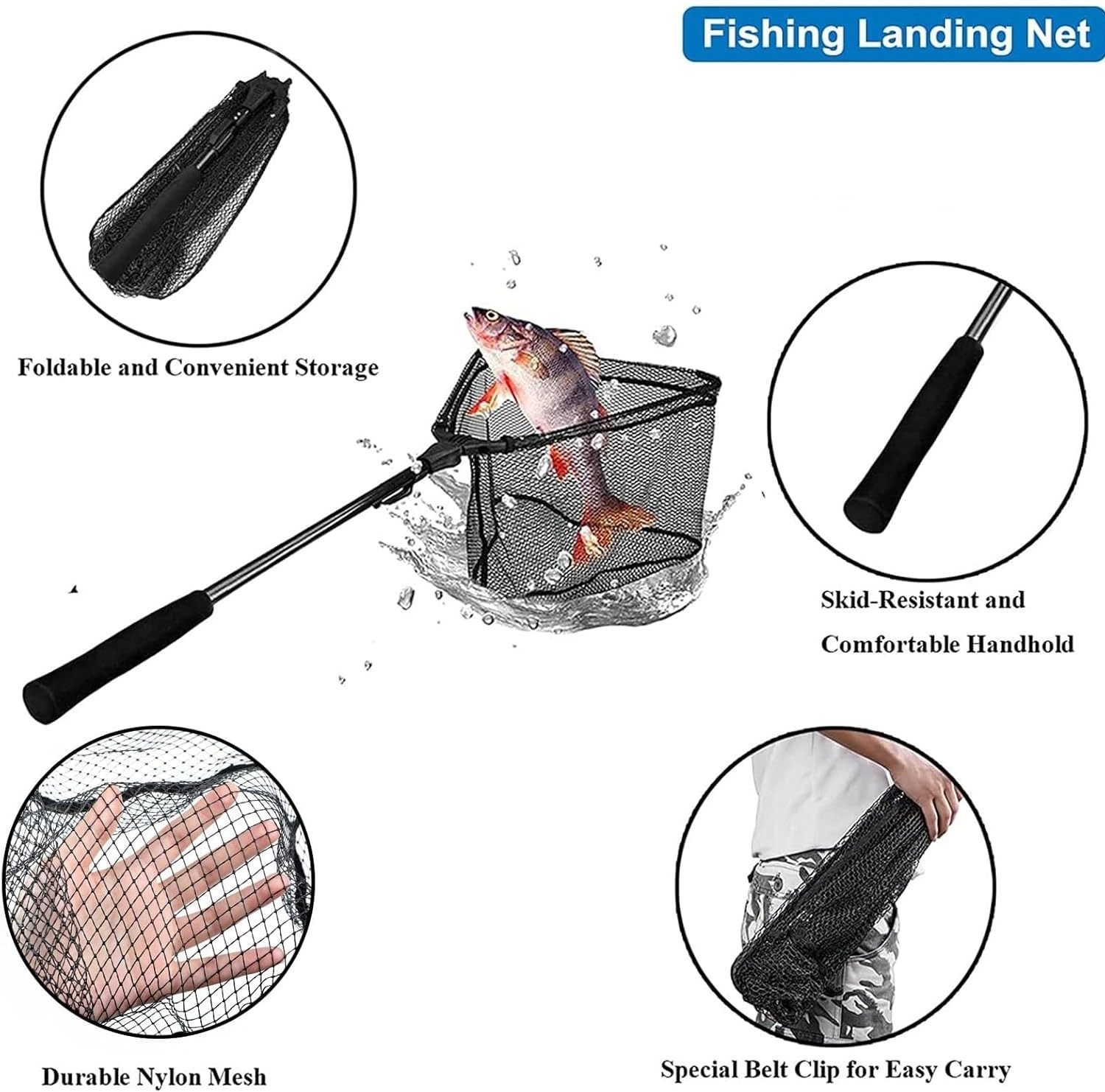Image of PIRENE Fishing Net Fish Landing Net, Durable Nylon Material Mesh, Fish net Black Fishing Rod