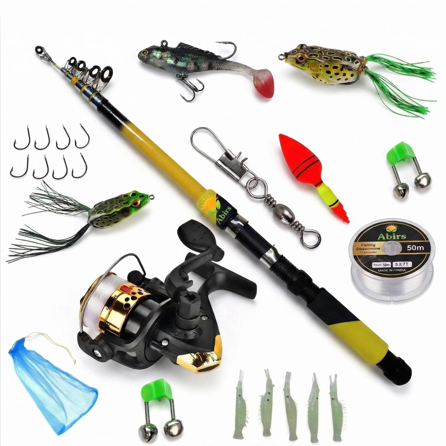 Abirs Ultimate 210cm Telescopic Fishing Rod & Reel Full Combo Kit ssk Yellow Fishing Rod