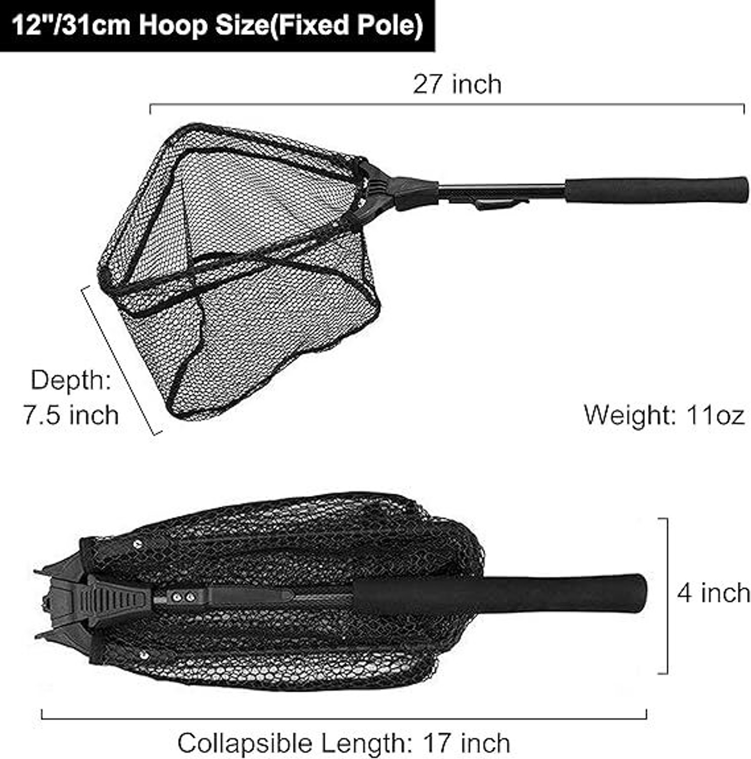 Image of PIRENE Fishing Net Fish Landing Net, Durable Nylon Material Mesh, Fish net Black Fishing Rod