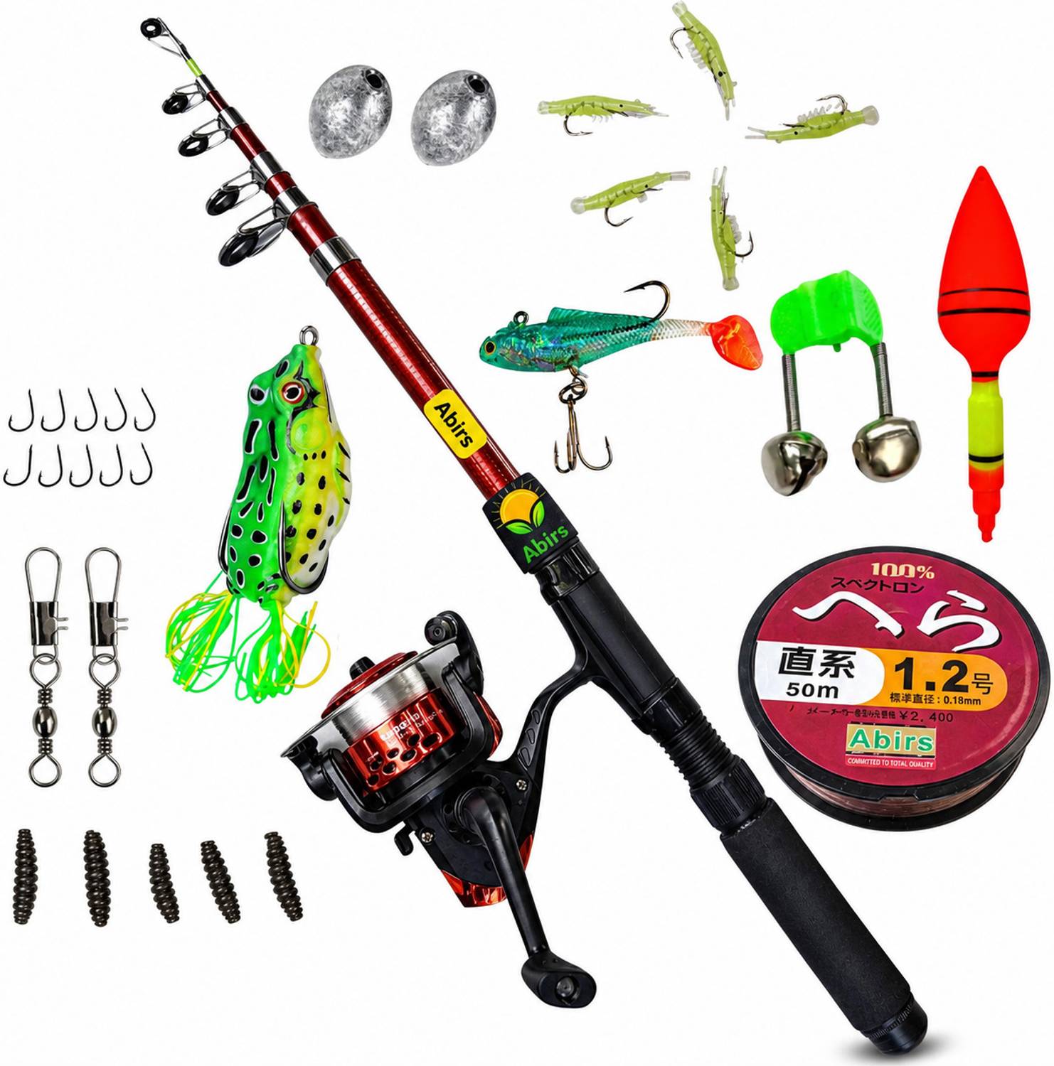 Abirs 7 feet / 210cm Fishing rod and reel set with fish lure frog bait Red Fishing Rod