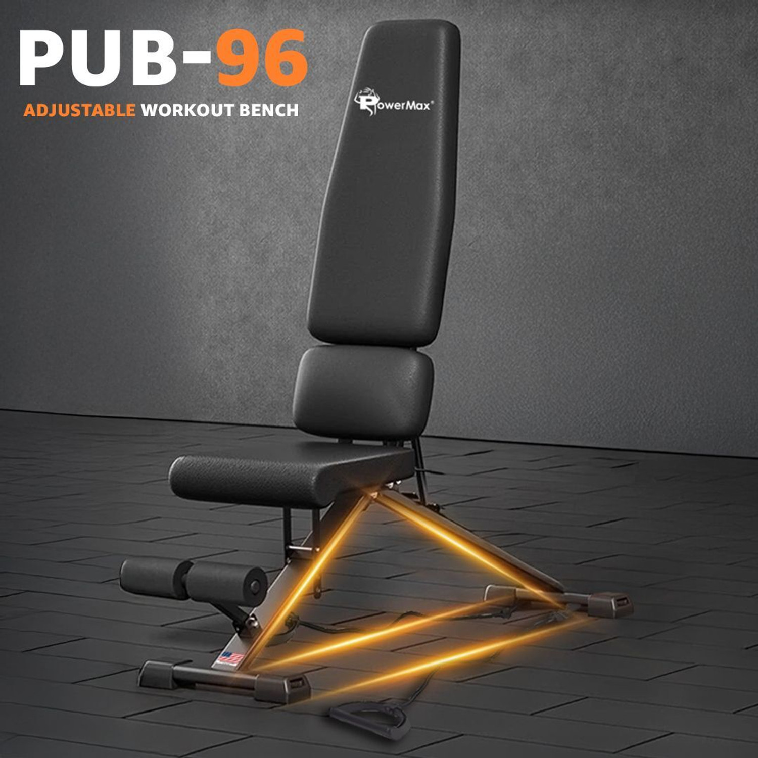 Image of Powermax Fitness PUB-96 8-Level Adjustable Gym Bench with Resistance Bands, 150kg User Capacity Multipurpose Fitness Bench
