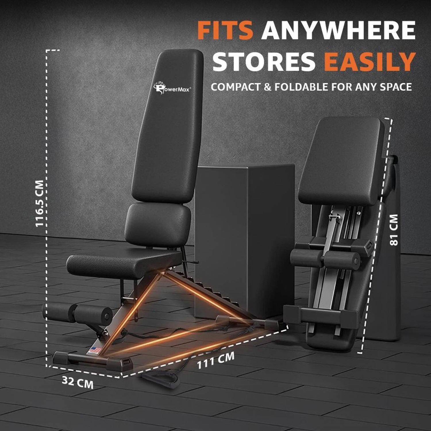 Image of Powermax Fitness PUB-96 8-Level Adjustable Gym Bench with Resistance Bands, 150kg User Capacity Multipurpose Fitness Bench