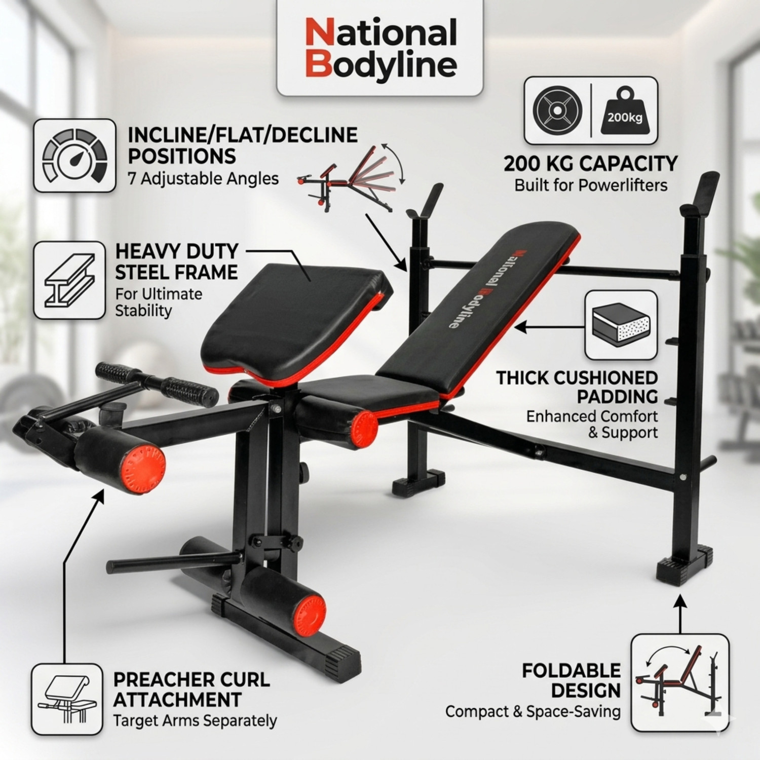 Image of NATIONAL BODYLINE NB HF17 Adjustable Gym Bench for Home Workout Multipurpose Fitness Bench