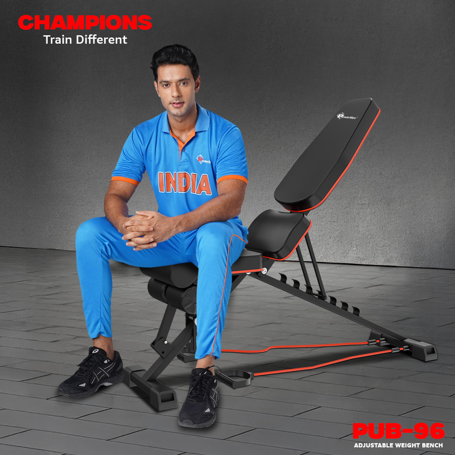 Image of Powermax Fitness PUB-96 8-Level Adjustable Gym Bench with Resistance Bands, 150kg User Capacity Multipurpose Fitness Bench