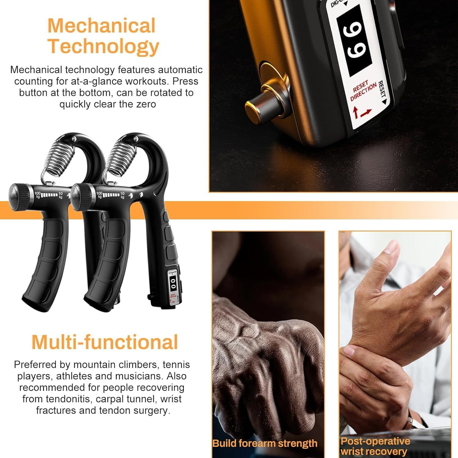 Image of QCEN Adjustable Counting Grip Strengthener 10-100 KG with Digital Counter | Hand Grip Hand Grip /Fitness Grip