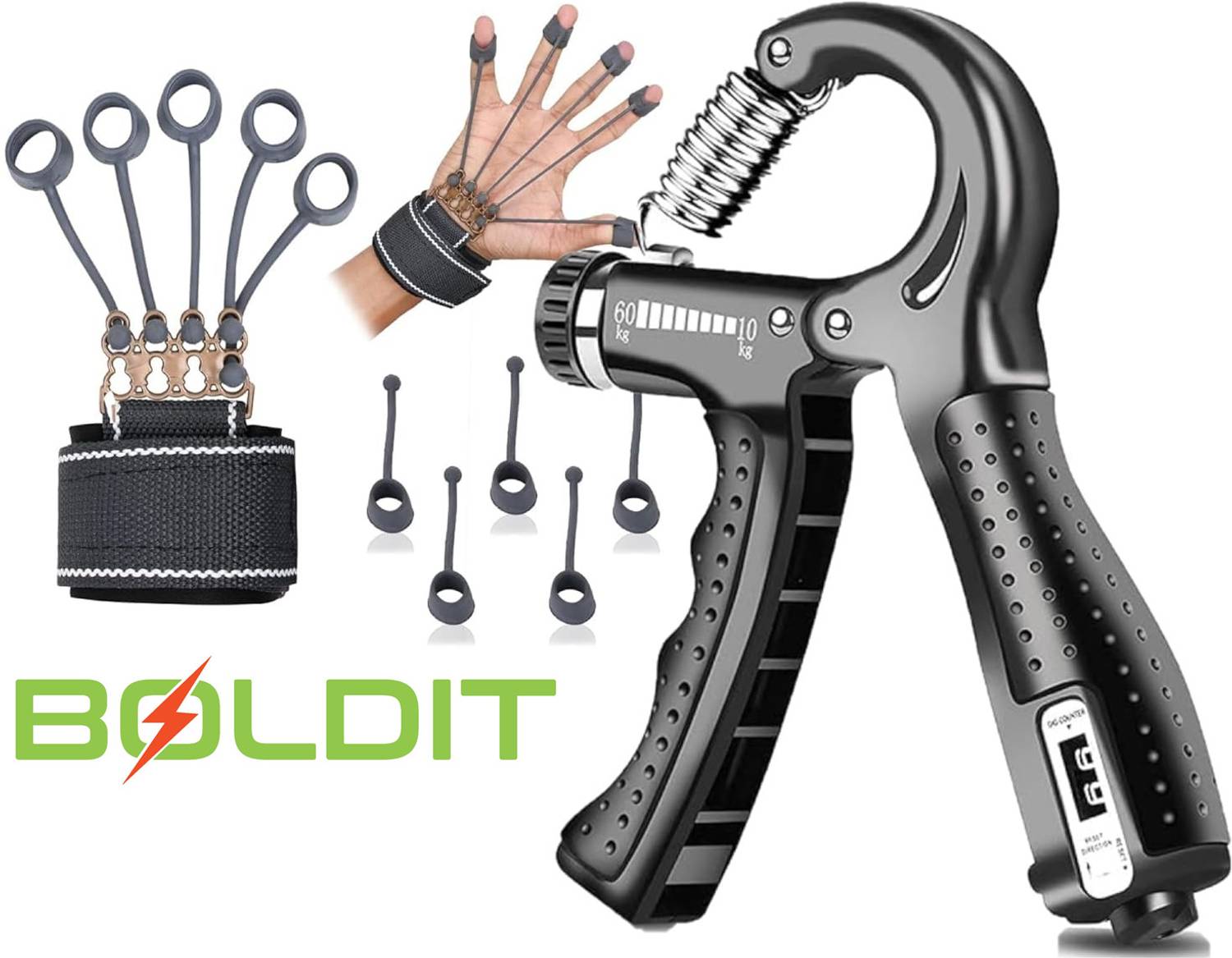 BOLDIT Hand Gripper with Repetition Counter + Finger Exerciser Resistance Band Kit Hand Grip/Fitness Grip