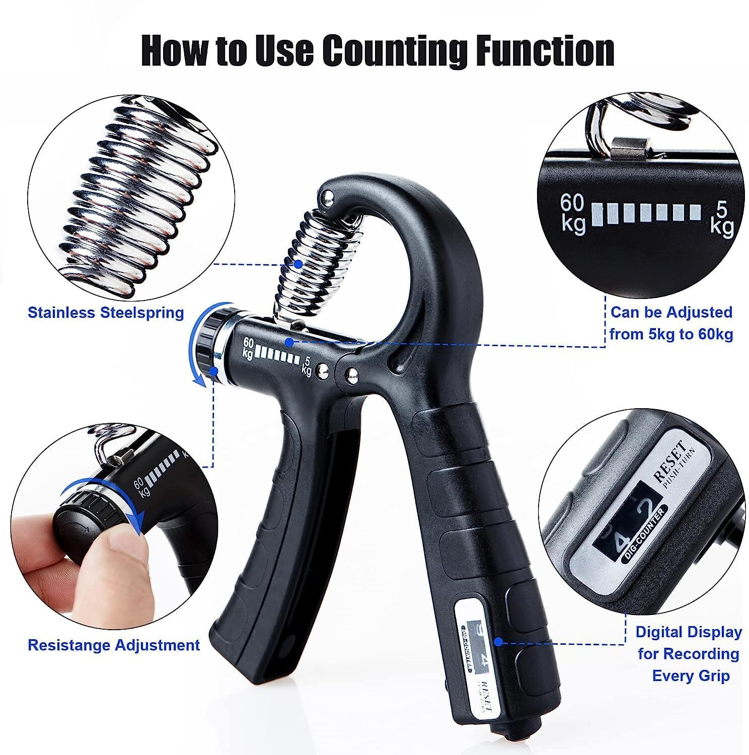 Image of MANROM Adjustable Hand Grip with Smart Counter | Adjustable Resistance (10KG - 60KG) Hand Grip /Fitness Grip