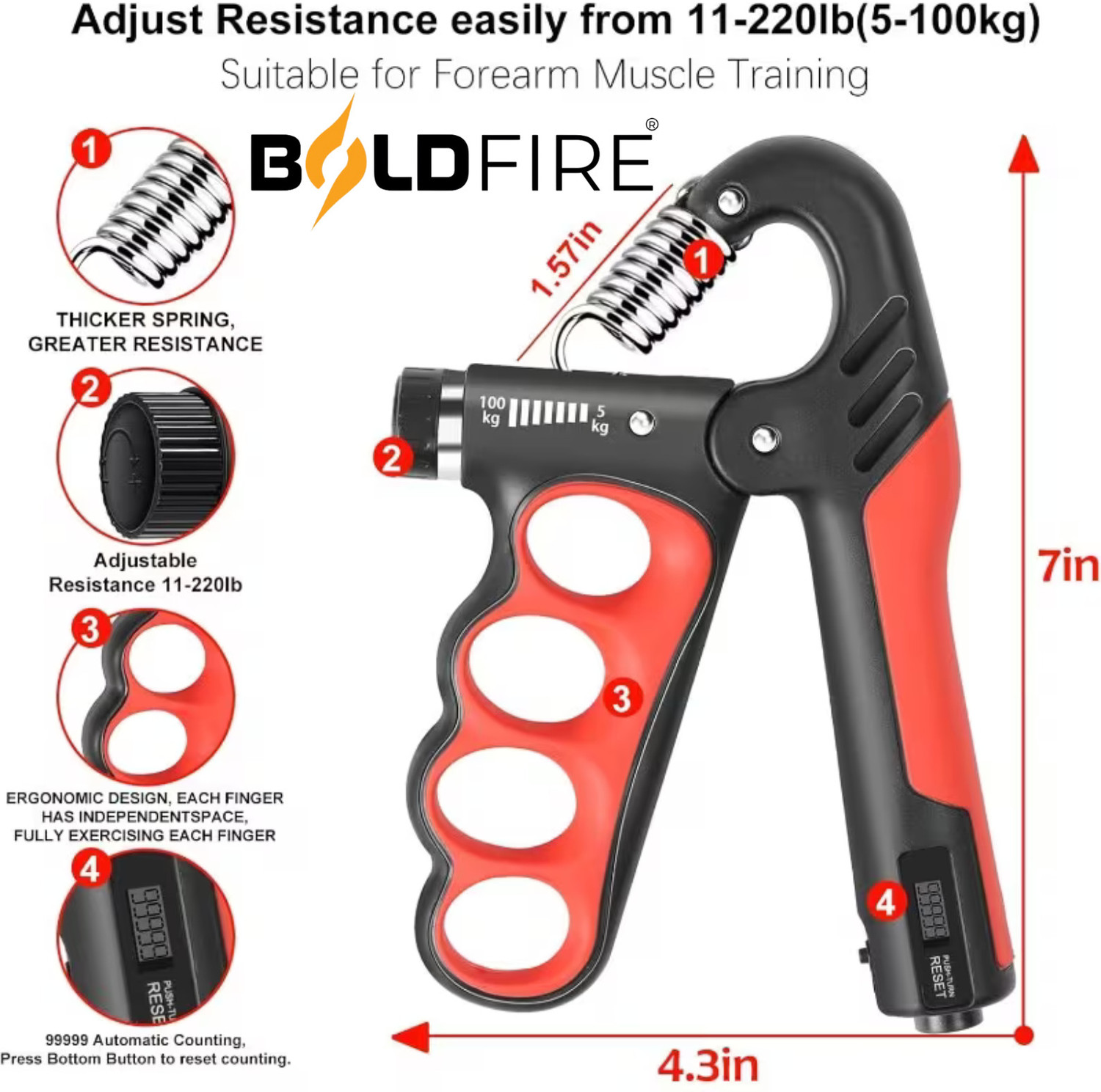 Image of BoldFire Hand Gripper 5-100Kg with Finger Exerciser|Hand,Wrist & Forearm Strength Trainer Hand Grip /Fitness Grip