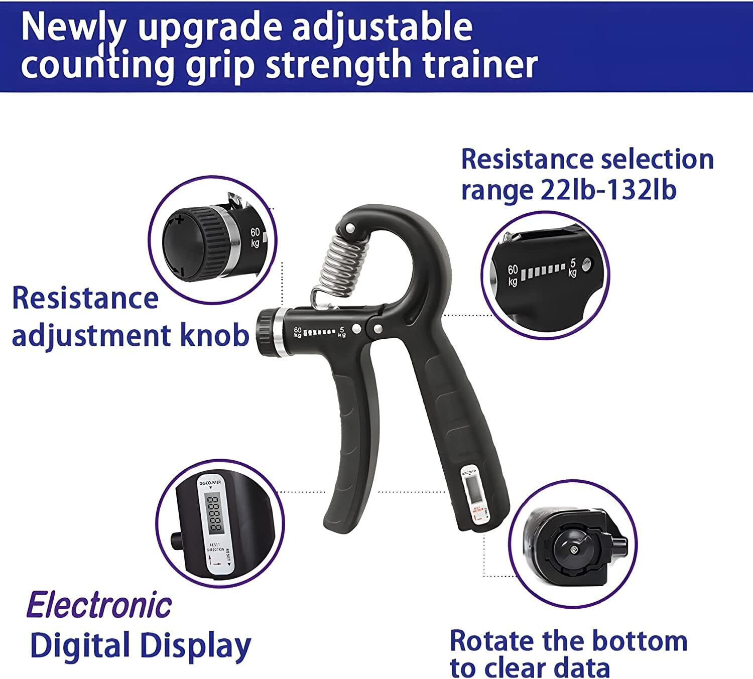 Image of MANROM Adjustable Hand Grip with Smart Counter | Adjustable Resistance (10KG - 60KG) Hand Grip /Fitness Grip