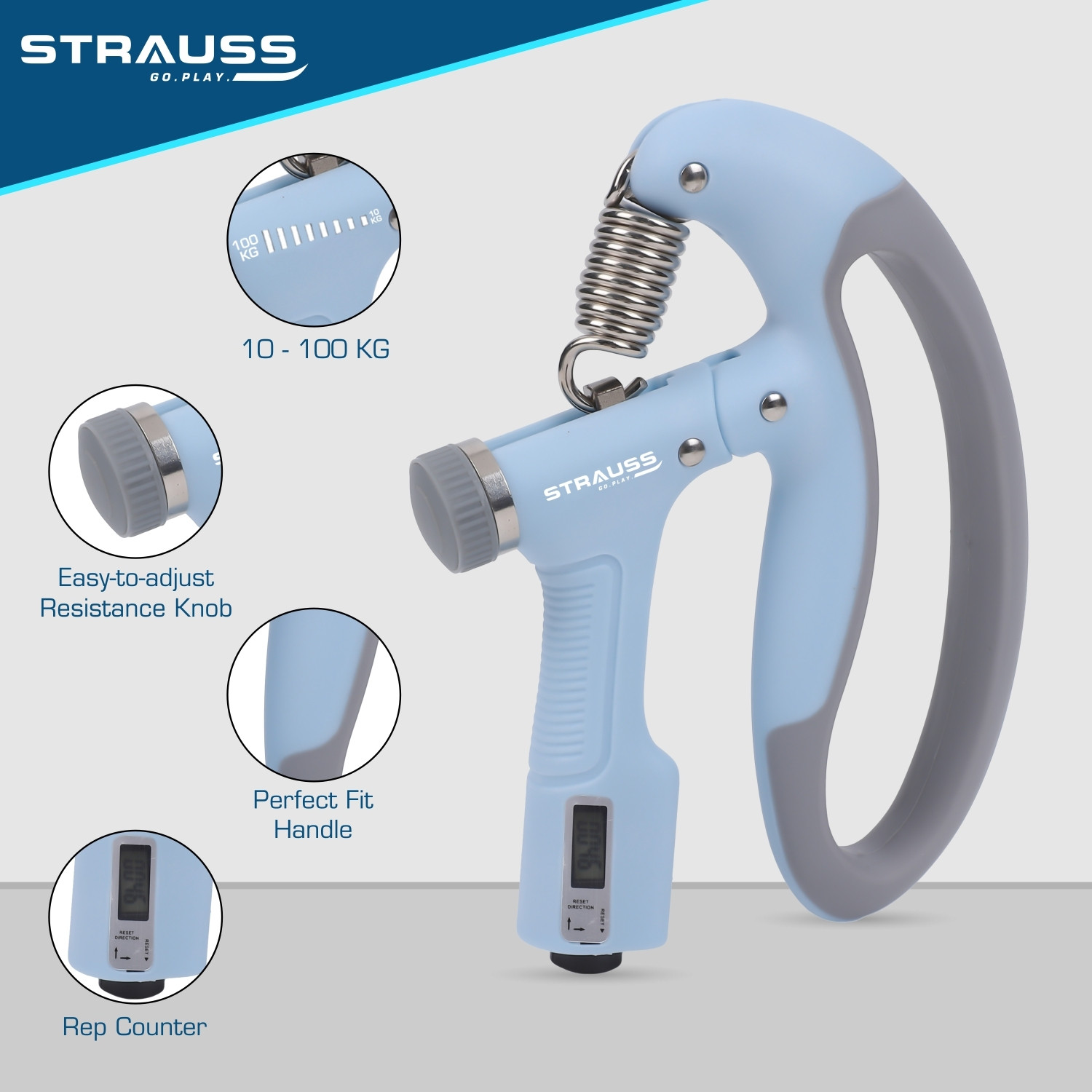 Image of Strauss Adjustable D- Shaped Hand Gripper with Counter| Hand Grip Strengthener (100 Kg)| Hand Grip /Fitness Grip