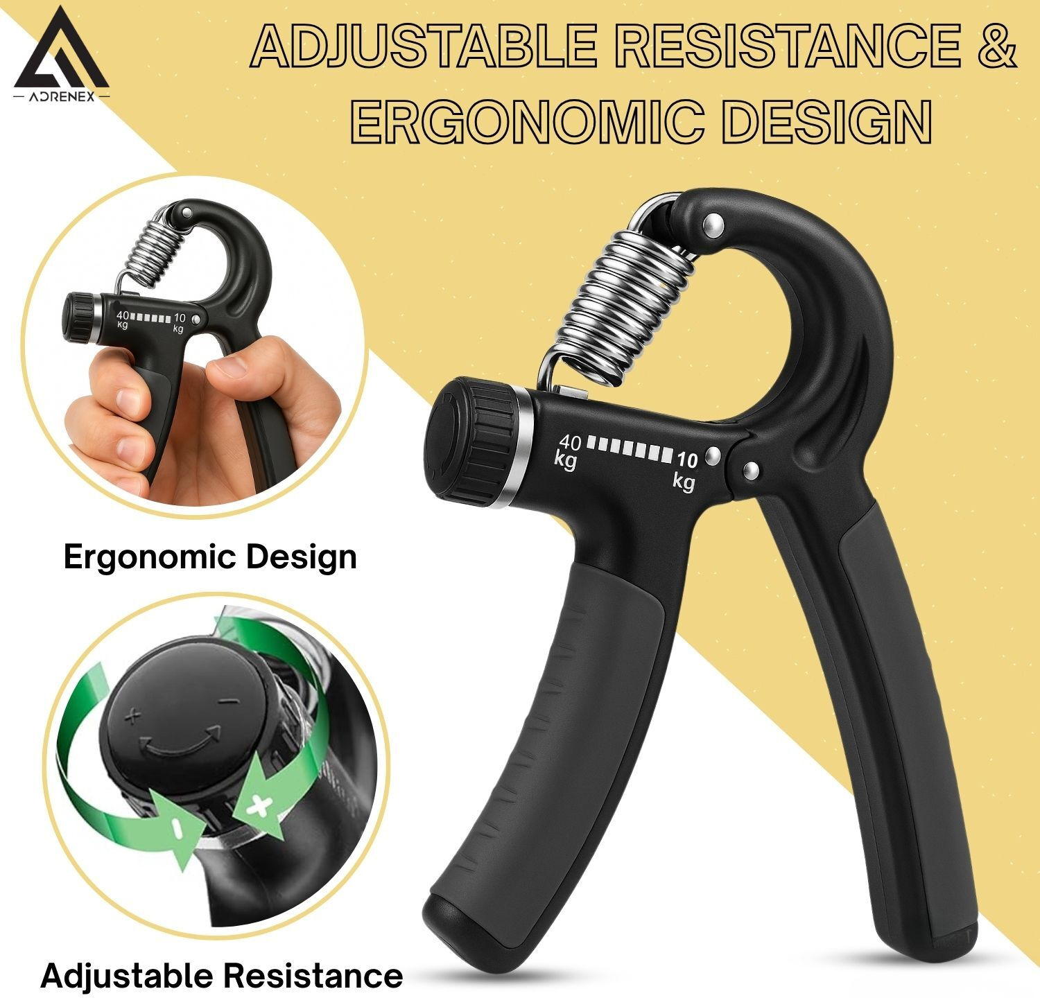 Image of Adrenex by Flipkart Adjustable Hand Grip Strengthener | Forearm & Wrist Strength Trainer Hand Grip /Fitness Grip