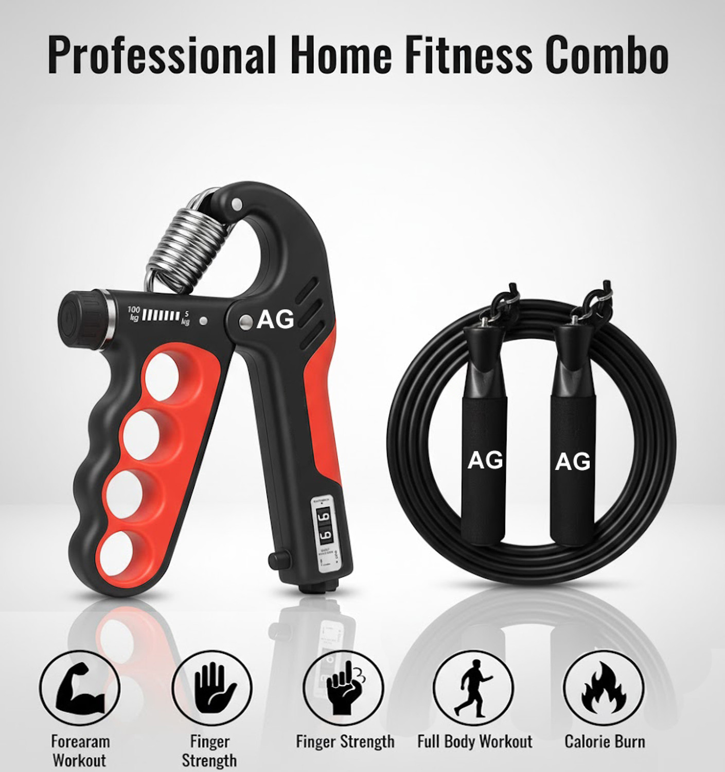 Image of A G Enterprises Hand Grip (5-100kg) & Skipping Rope Combo for Full Body Fitness Hand Grip /Fitness Grip (Black, Red)