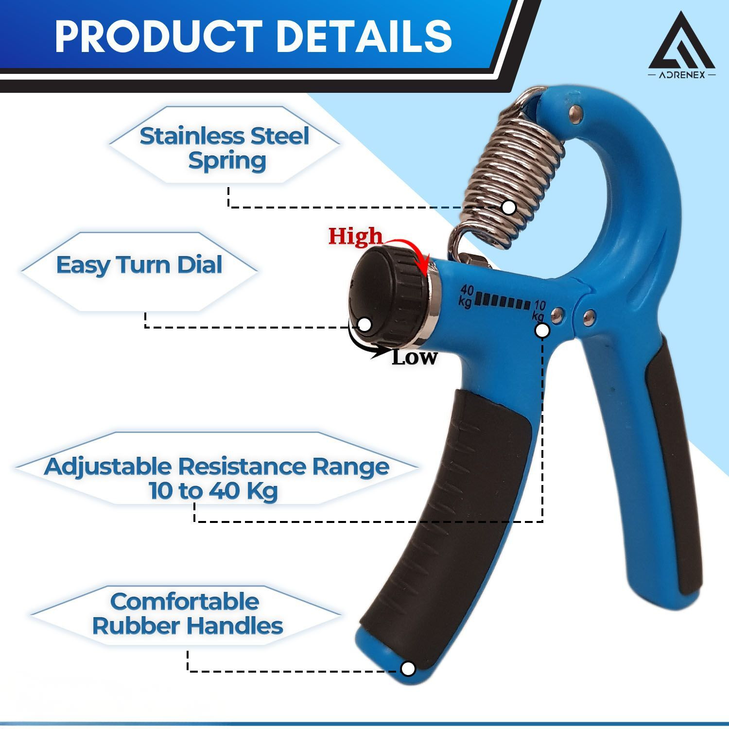 Image of Adrenex by Flipkart Adjustable Hand Grip Strengthener | Forearm & Wrist Strength Trainer Hand Grip /Fitness Grip