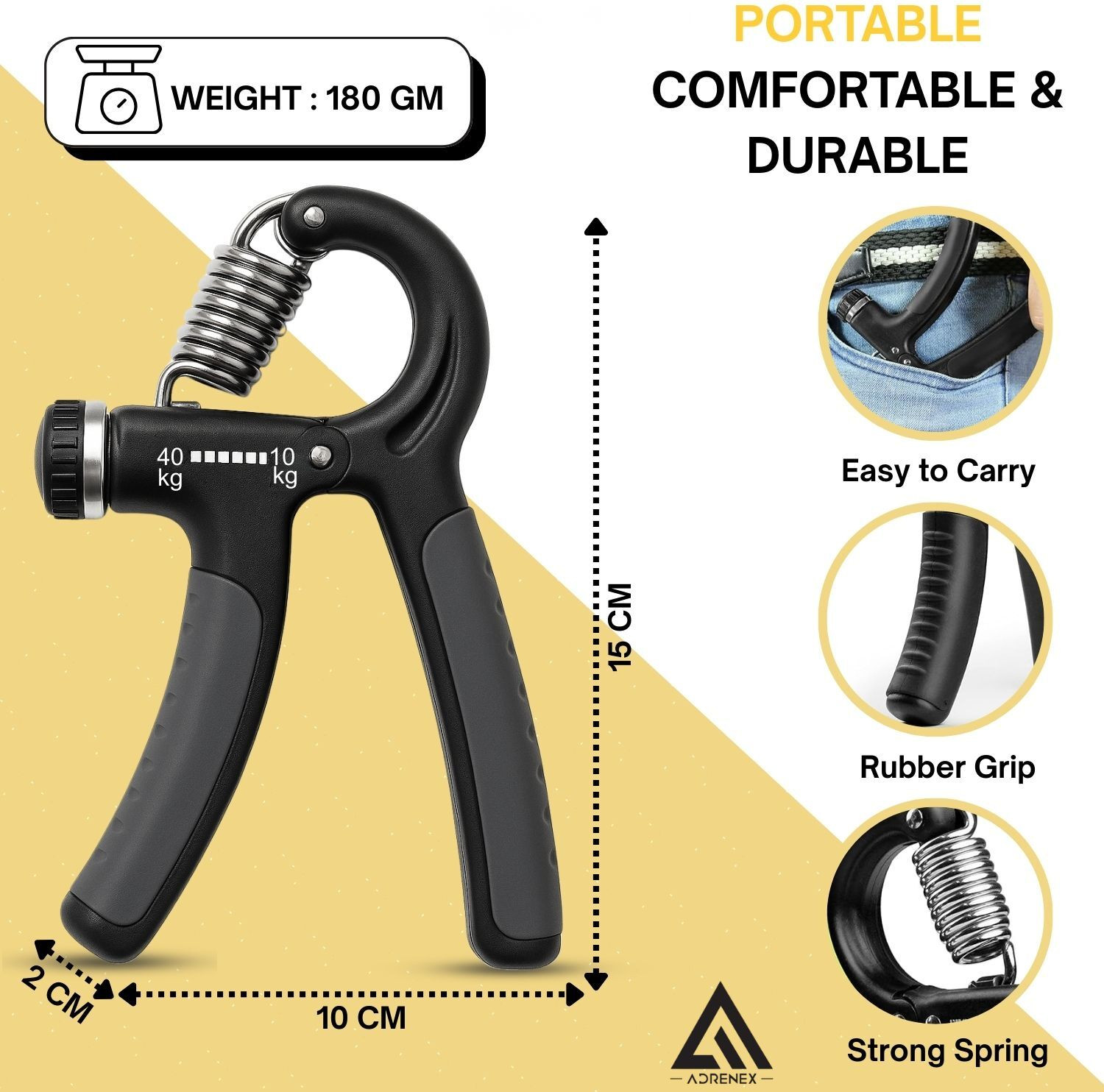 Image of Adrenex by Flipkart Adjustable Hand Grip Strengthener | Forearm & Wrist Strength Trainer Hand Grip /Fitness Grip