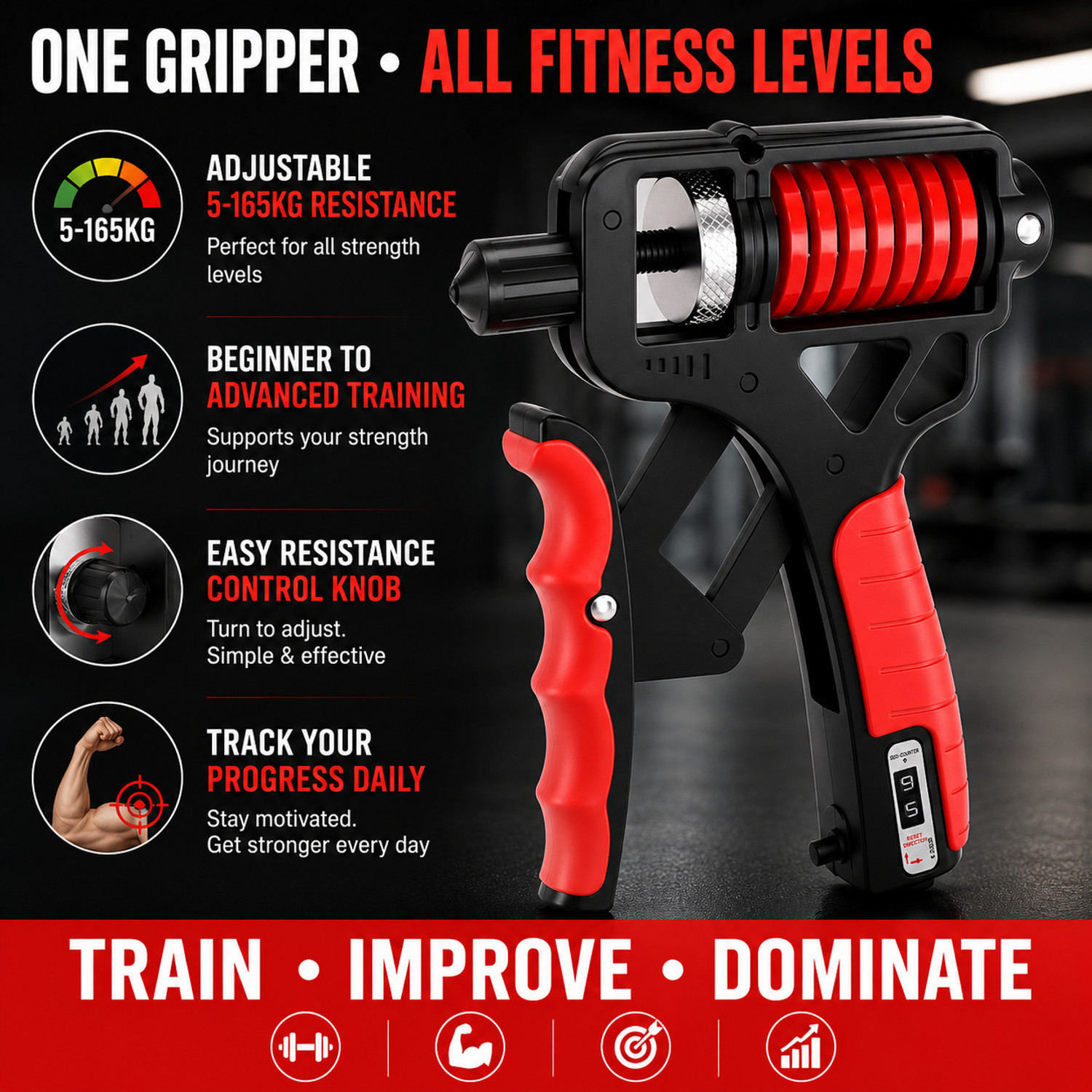Image of DIOXIT Adjustable Hand Gripper 5-165KG with Digital Counter, Forearm & Wrist Exerciser Hand Grip /Fitness Grip